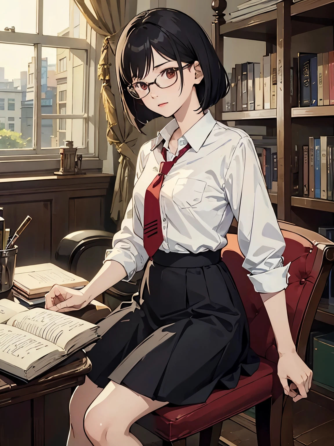 { masterpiece: best quality } { school theme } { background = in a library : books } { Character = Dahyun : fit body : short dark bob hair with straight bang : wearing glasses : white collar shirt : red tie : black skirt } { Sitting on a chair : studying : serious face k