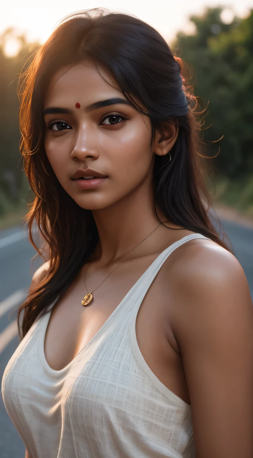 young Indian girl, 18-year-old, red top, gentle lighting, intricate facial details, flawless complexion, top-notch 3D rendering, hyper-realistic, shot on Indian road. photorealistic digital art trending on Artstation 8k HD high definition detailed realistic, detailed, skin texture, hyper detailed, realistic skin texture, armature, best quality, ultra high res, (photorealistic:1.4),, high resolution, detailed, raw photo, 400 camera f1.6 lens rich colors hyper realistic lifelike texture dramatic lighting unrealengine trending on artstation cinestill 800