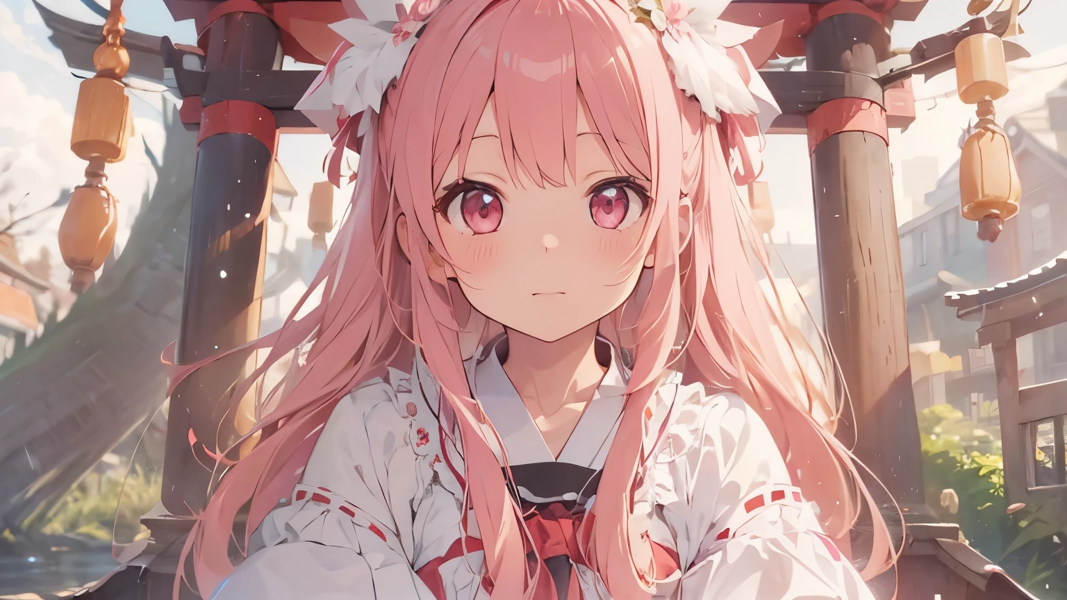 beautiful illustrations, highest quality, pretty girl, pastel colour, fluffy rabbit ears, twin tails,pink long hair,bright lighting, pale pink eyes,shrine,shrine maiden,red torii