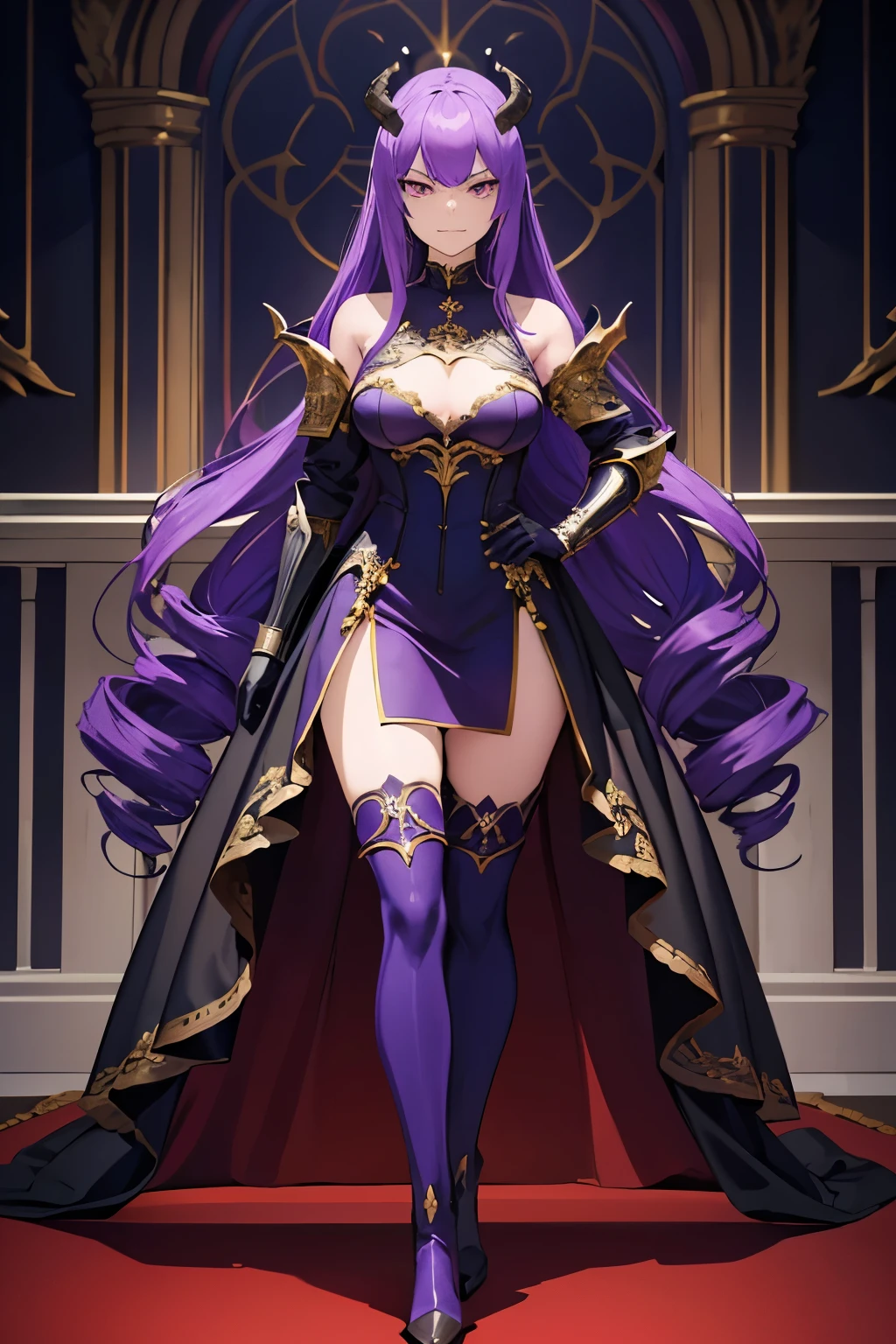 Detailed illustration, (detailed beautiful face) one arrogant demon lady, (arrogant smile 1), violet hair, (drill hairstyle), in high neck demon lord armor without shoulder plates, in long gloves, steel boots, in stockings, calmly stand alone in castle room, casual pose,