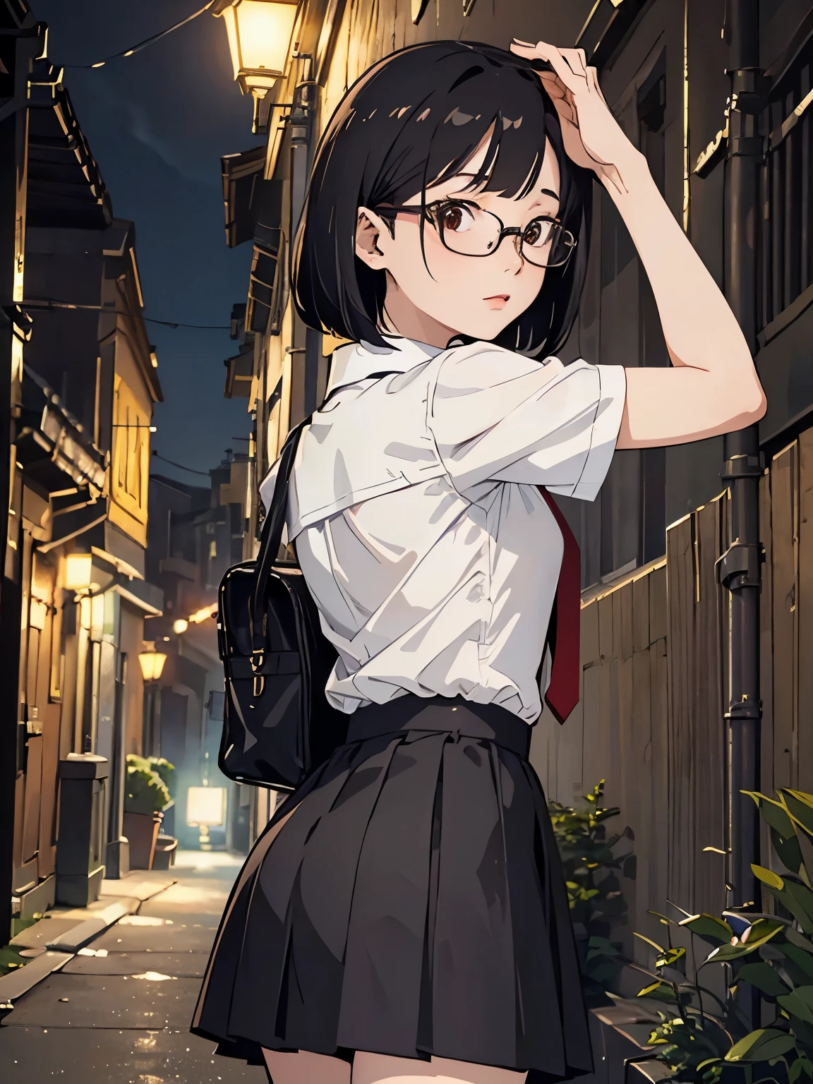 { masterpiece: best quality } { school theme } { background = back alley : night : dark } { Character = Dahyun : fit body : short dark bob hair with smart bangs : wearing glasses : white collar shirt : red tie : black skirt } { waking home alone }