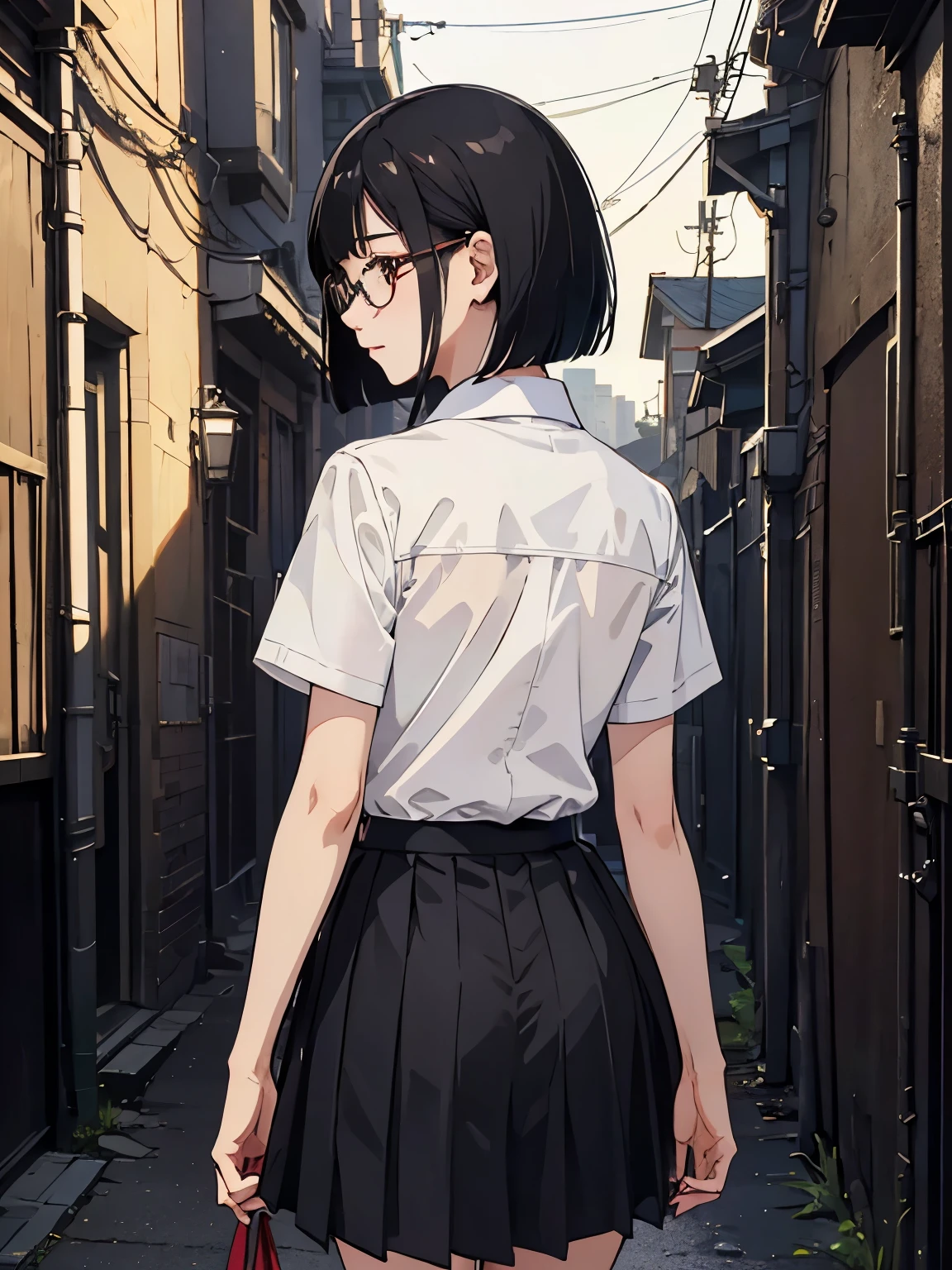 { masterpiece: best quality } { school theme } { background = back alley : night : dark } { Character = Dahyun : fit body : short dark bob hair with smart bangs : wearing glasses : white collar shirt : red tie : black skirt } { waking home alone }