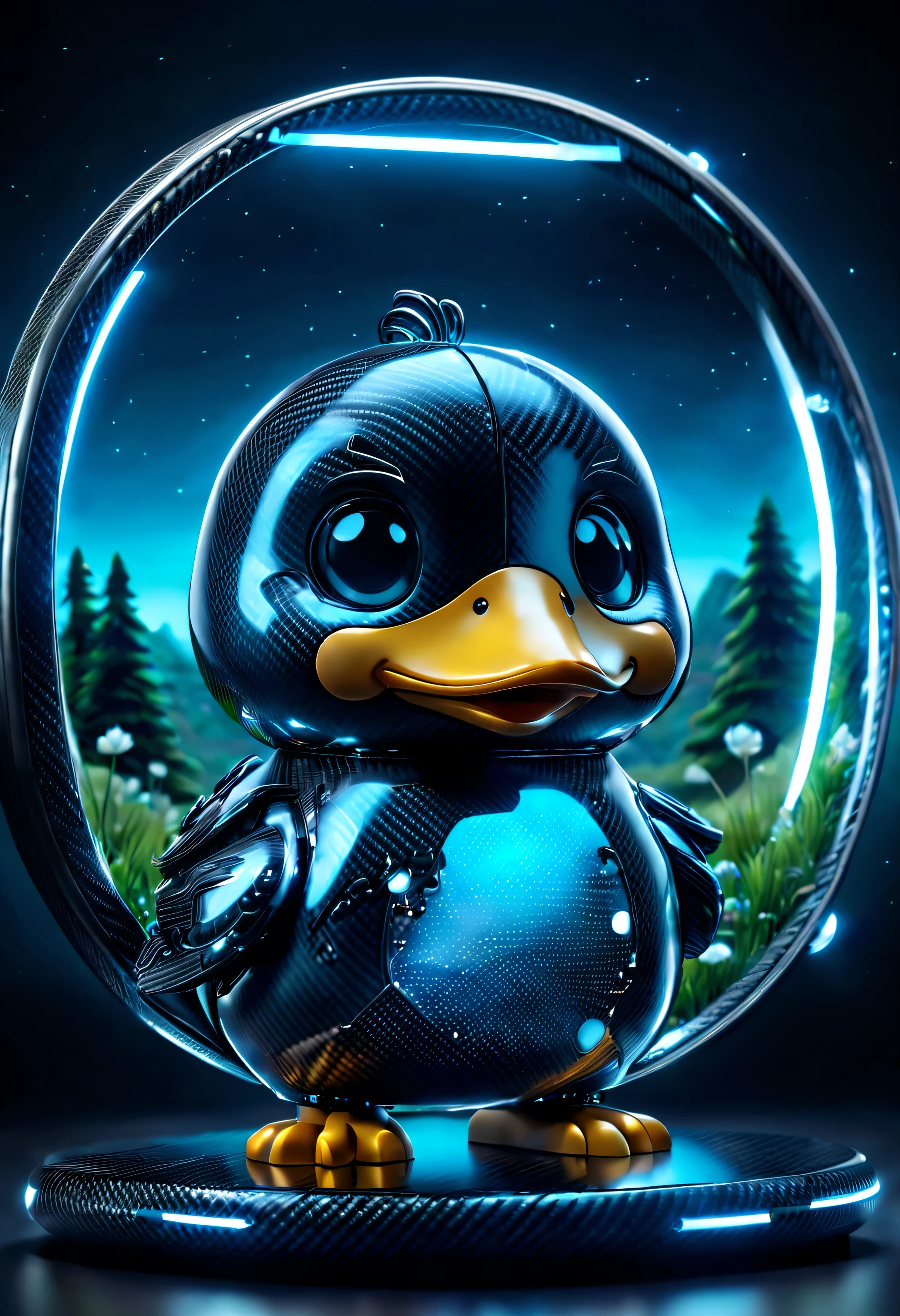 Love cute chibi mirror chrome bioluminescent circuit board cute cute fat duck", glowing line, super detailed, beautiful composition, Visible details, meaningful visual art, digital illustration, Unreal Engine 5, 32k, 3 d digital art, sharp focus, masterpiece,, Made of ral-carbon fiber ral-carbon fiber landscape