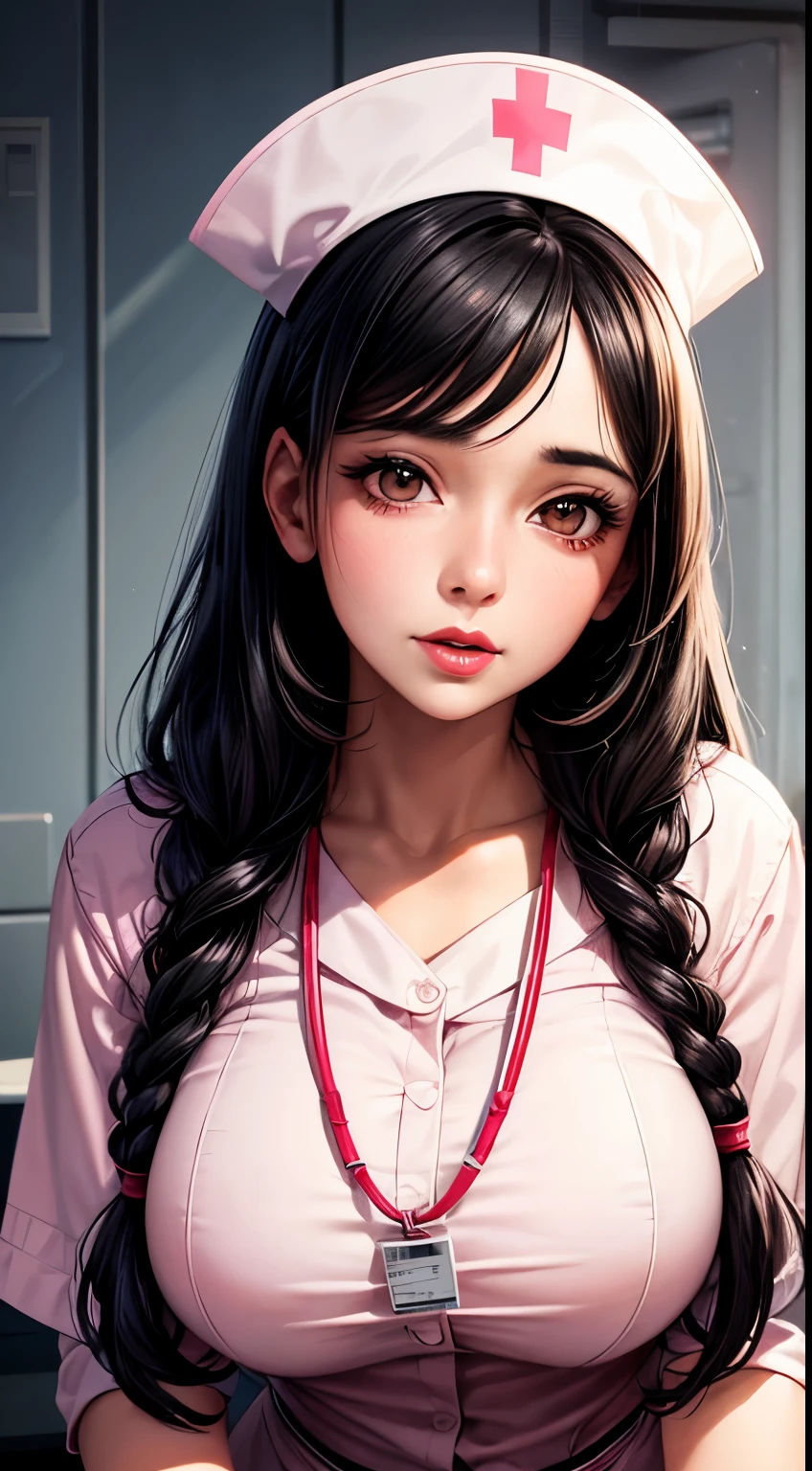 Woman, 30 years, adult, black hair, sexy nurse, pink lips, white and red clothes, nigth, soft ligth, face detail, wide shot, fingers --style realistic-imagine -
