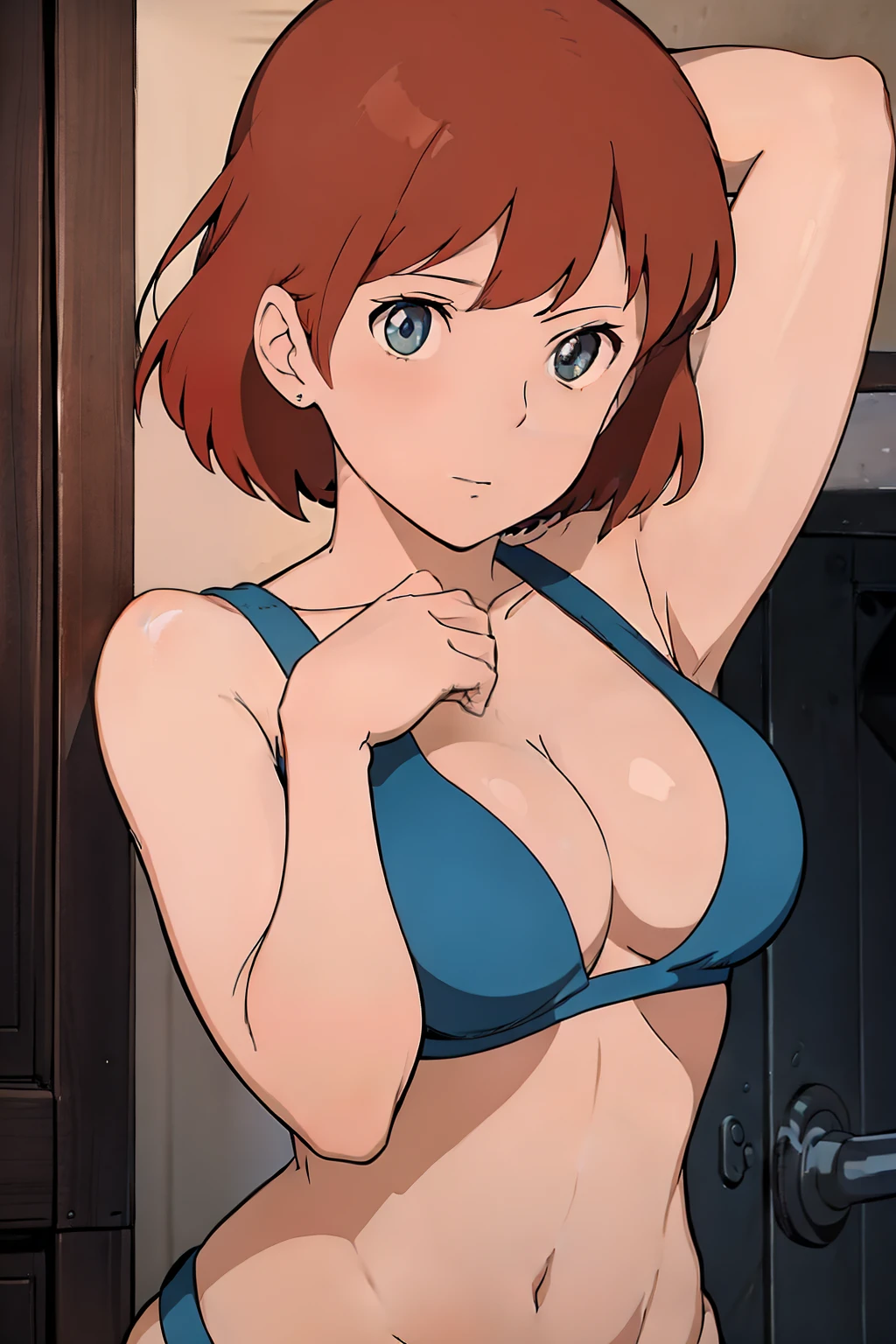 (masterpiece, best quality, high resolution, anime screencap, anime colored, 8k, photorealistic), Nausicaa, 1girl, solo, brown hair, (looking at viewer, from below), huge breasts, cleavage, (white bikini), upper body, arms behind back, forest, (perfect detailed anatomy, beautiful face&eyes, shiny skin, perfect body)