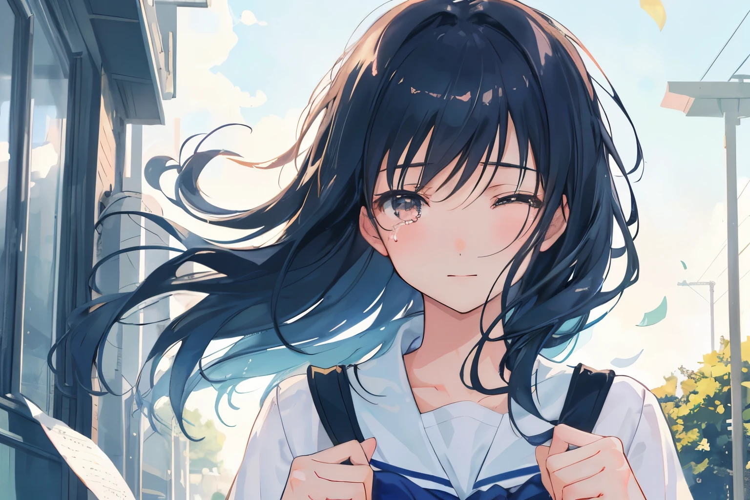 Create exquisite illustrations reminiscent of Makoto Shinkai's style, It has ultra-fine details and top-notch quality. Create a high-quality illustration depicting the moment of high school exam results being posted, with a focus on a beautiful girl shedding tears of joy upon discovering her acceptance, surrounded by the atmosphere of nostalgia. Ensure meticulous attention to detail. Picture the scene with the girl's emotional reaction to seeing her candidate number listed among the successful applicants, her face lit up with happiness and relief. Capture the nostalgic ambiance of the occasion, incorporating elements that evoke memories of past experiences and emotions. Pay close attention to the fine details, such as the expressions of other students, the texture of the bulletin board, and the surrounding environment. Aim for a composition that conveys the sense of accomplishment, joy, and nostalgia associated with this significant moment in the girl's life. best quality, masterpiece