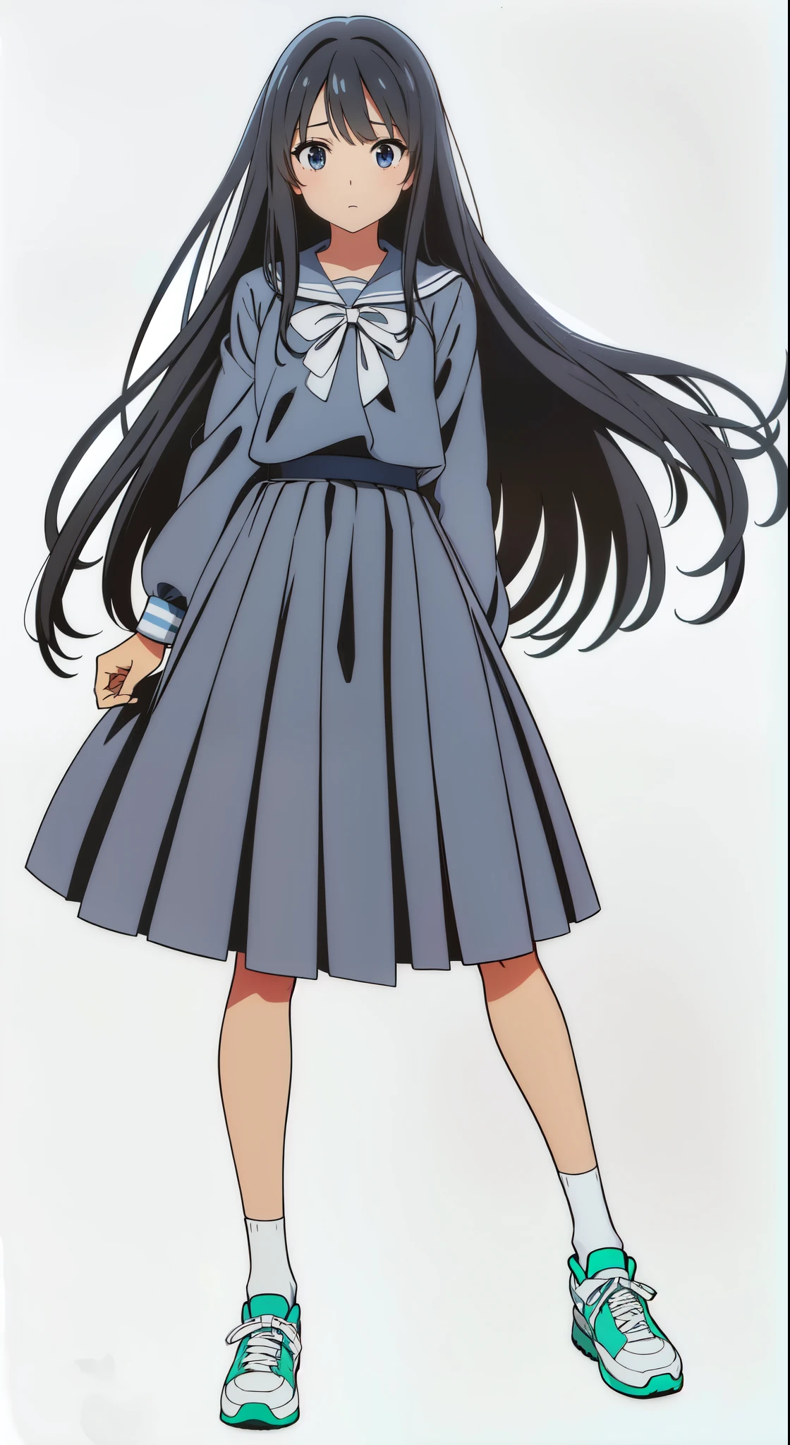 (tareme:1.0), (looking at viewer:1.0), (white background:1.0), (best quality:1.0), (masterpiece:1.0), (super fine illustration:1.0), (beautiful artwork:1.0), (anime:1.0), (official art:1.0), (full body:1.0), (solo:1.0), (a 15yo cute girl:1.0), (long skirt:1.0), (dark blue skirt:1.0), (pleated skirt:1.0), (dark blue sailor uniform:1.0), (long sleeve sailor uniform:1.0), (sneakers:1.0), (white socks:1.0), (ideal ratio body proportions:1.0), (lanky:1.0), (tall:1.0), (slender:1.0), (small breasts:1.0), (smaller face:1.0), (tareme:1.5), (detailed beautiful eyes:1.5), (detailed beautiful face:1.5), (glowing black eyes:1.25), (medium hair:1.0), (black hair:1.0), (standing:1.0), (looking at viewer:1.5)
