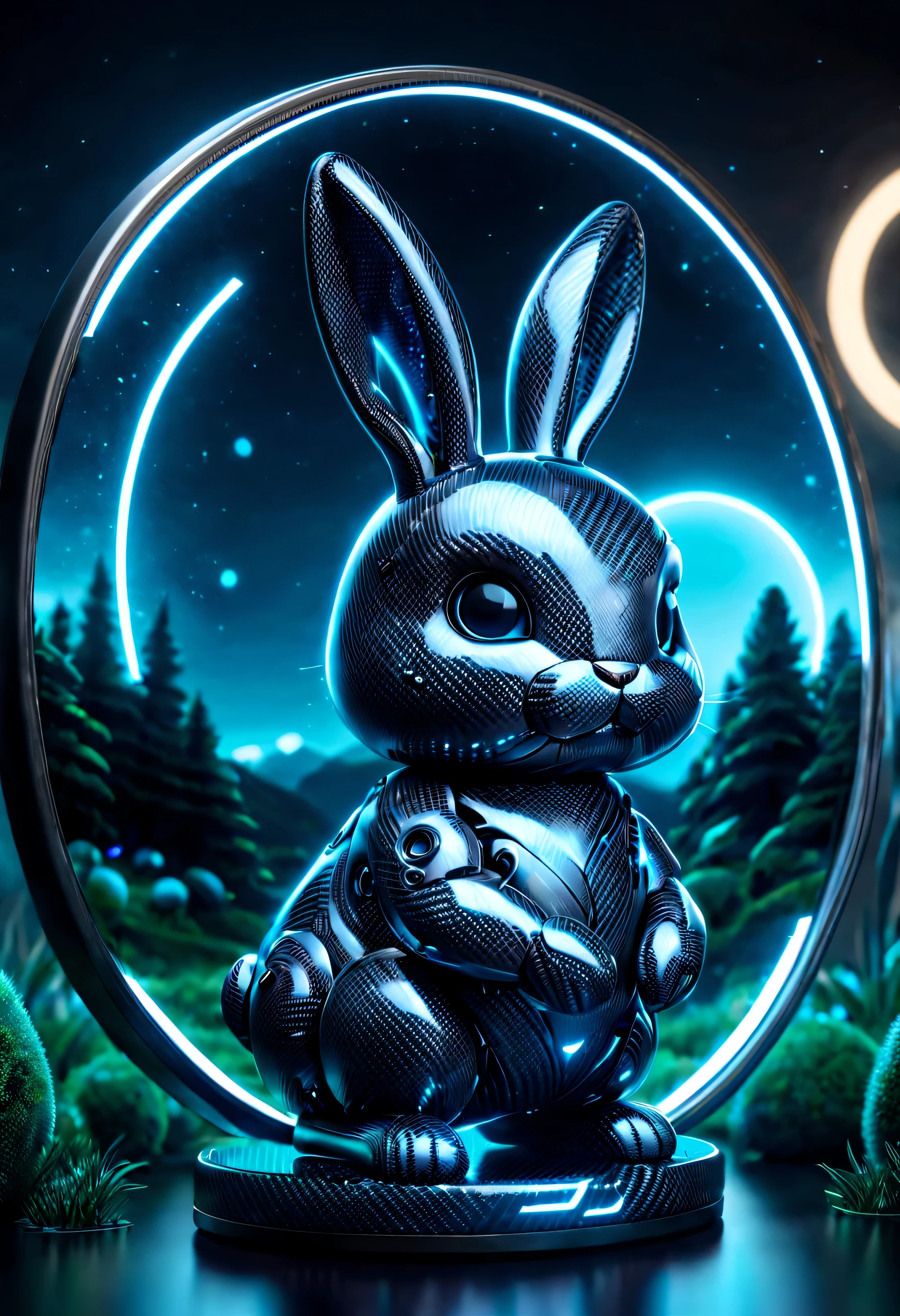 Love cute chibi mirror chrome bioluminescent circuit board cute cute fat bunny", glowing line, super detailed, beautiful composition, Visible details, meaningful visual art, digital illustration, Unreal Engine 5, 32k, 3 d digital art, sharp focus, masterpiece,, Made of ral-carbon fiber ral-carbon fiber landscape