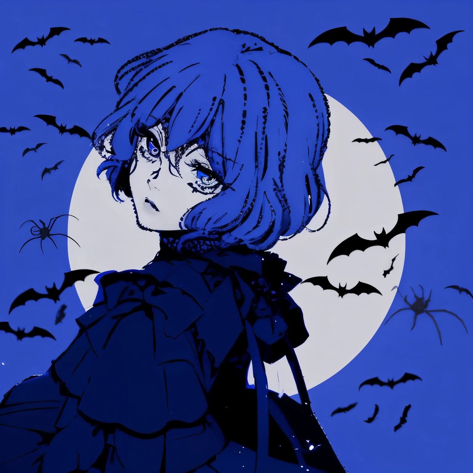 Gothic girl, moon, Blue background, bats, spiders, gothic make-up
