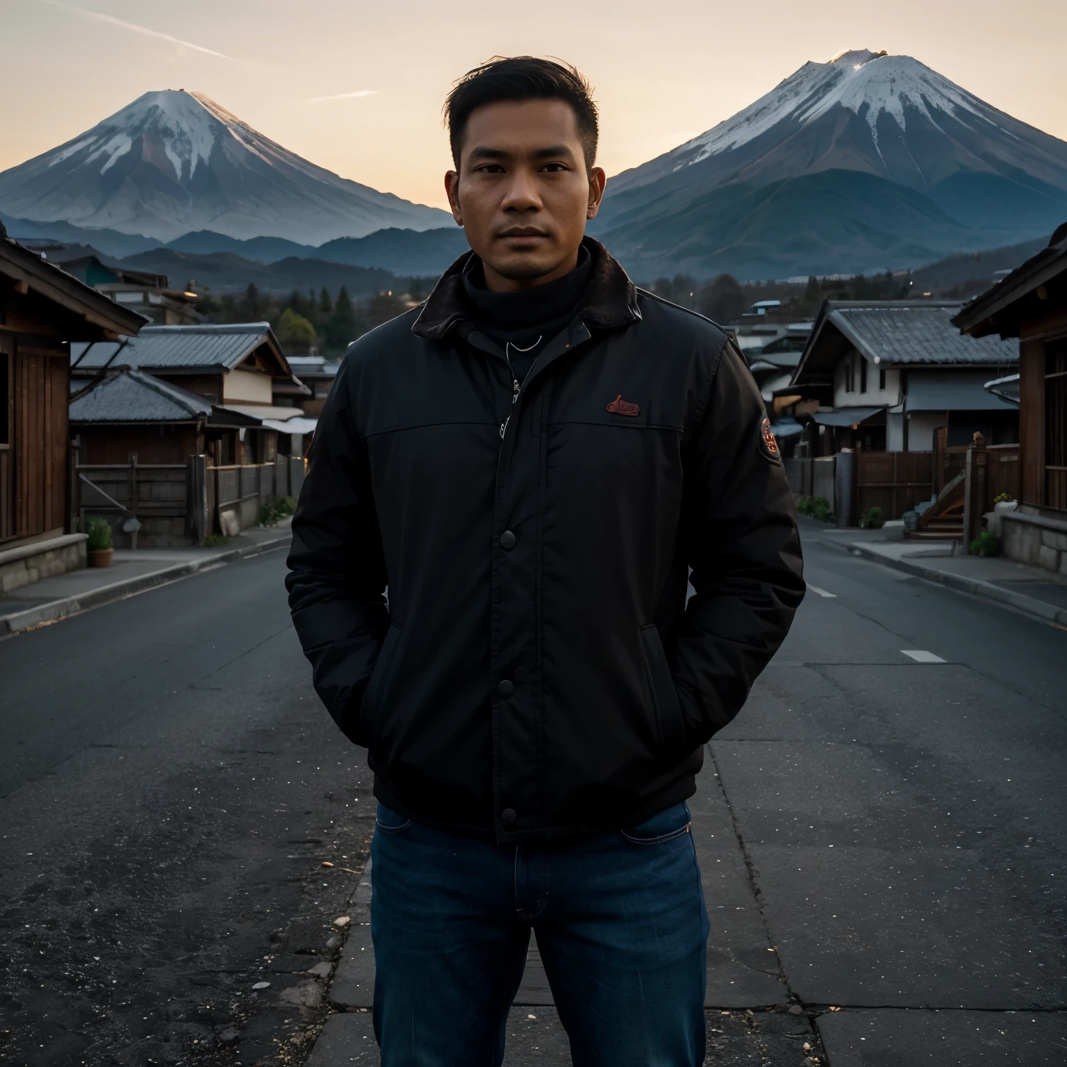 A Indonesian man (35 years old, round and clean face, brown skin, wearing a black winter jackets, jeans) standing posing like a model, beautifull fuji mountain background, photo slightly tilted to the side, face visible, night atmosphere, minimal lighting, sunset light, ultra HD, real photo, highly detailed, ultra Sharp, 18mm lens, realistic, photography, leica camera