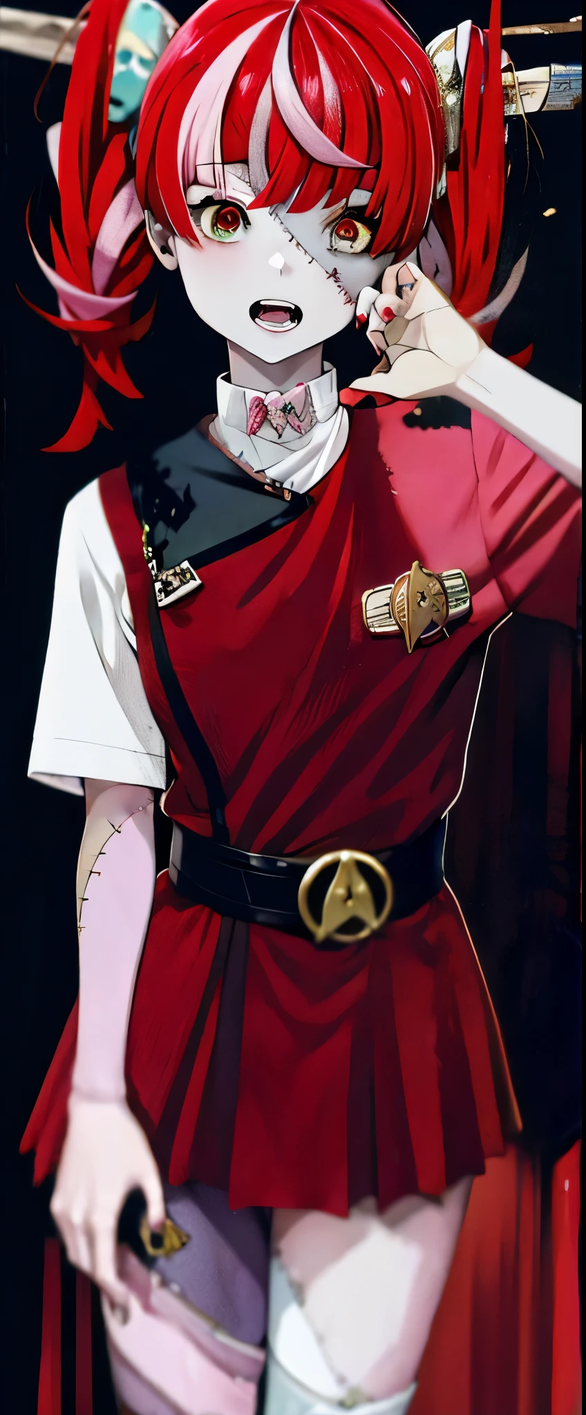 Ollie
multicolored hair
multicolored eyes
zombie_skin twintails red wokunf uniform