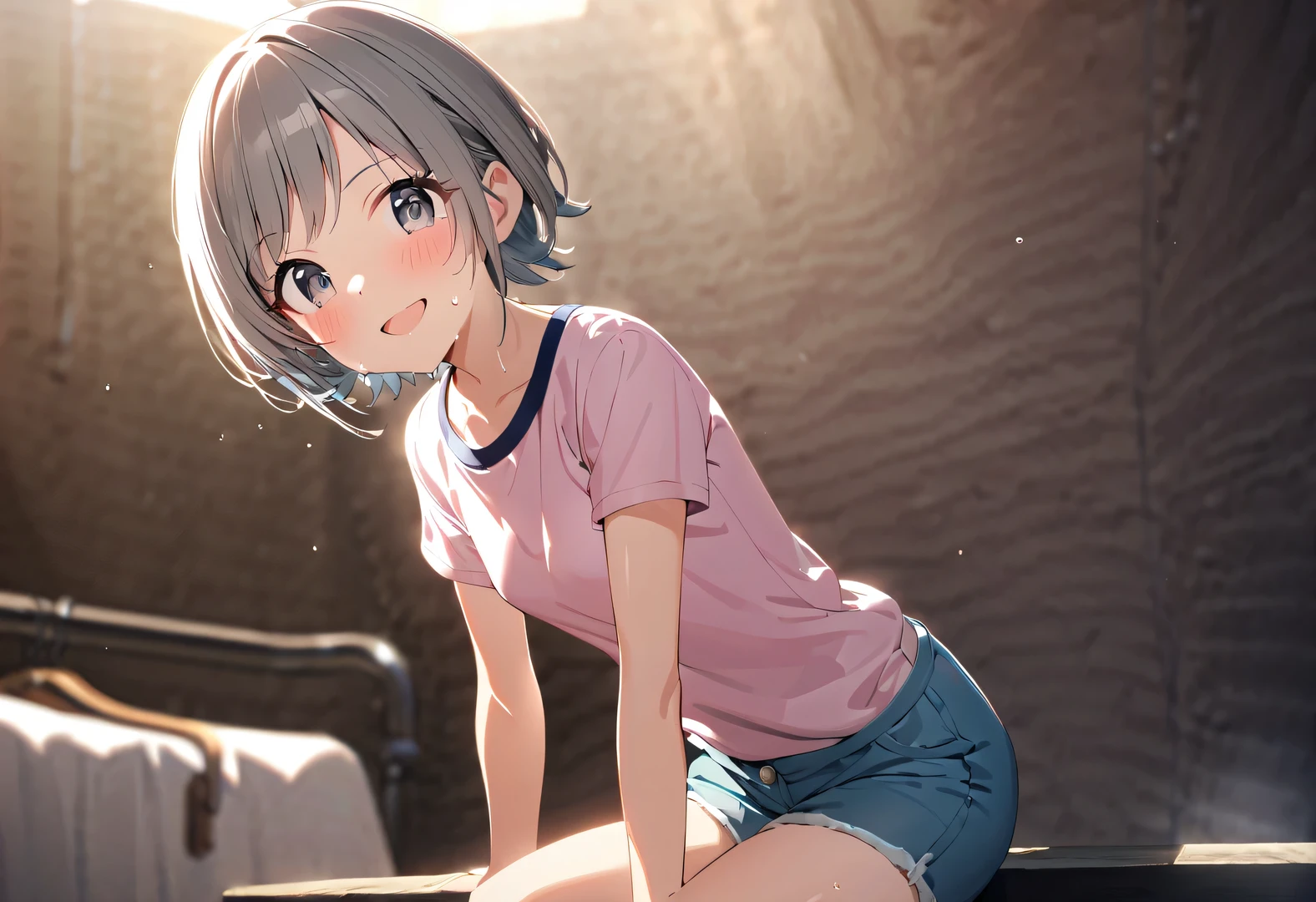 1girl otokura_yuuki idolmaster_Cinderella_girls arm_support bare_Youth_shorts blurry blurry_Background Blush Bottle Bracelet Gray_hair grey_Eyes open_Mouth hair_ornament holding holding_looking for bottle jewelry_in_beholder_to_of_side view outdoor person々 pink_Shirt Shirt Short_Hair short_sleeve shorts small_breasts sitting smile solo swein, masterpiece, highest quality, 8K,illustrinion,(detailed lighting),UHD, Anime Skins