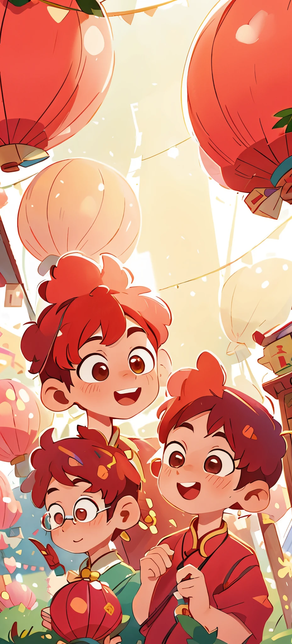 CNY,Chinese New Year,Chinese five-clawed dragon in the background,three redheads、Close up of young man on red background, Two of them wear round glasses, Lofi portrait, Red Lantern,Chinese dragon flying in the background,Festive atmosphere, happy, happy, perfect quality, clear focus (clutter - home: 0.8), (masterpiece: 1.2) (realistic: 1.2) (bokeh) (best quality) (detailed skin: 1.3) (intricate details) (8K) (detail eyes) (sharp focus), (happy)