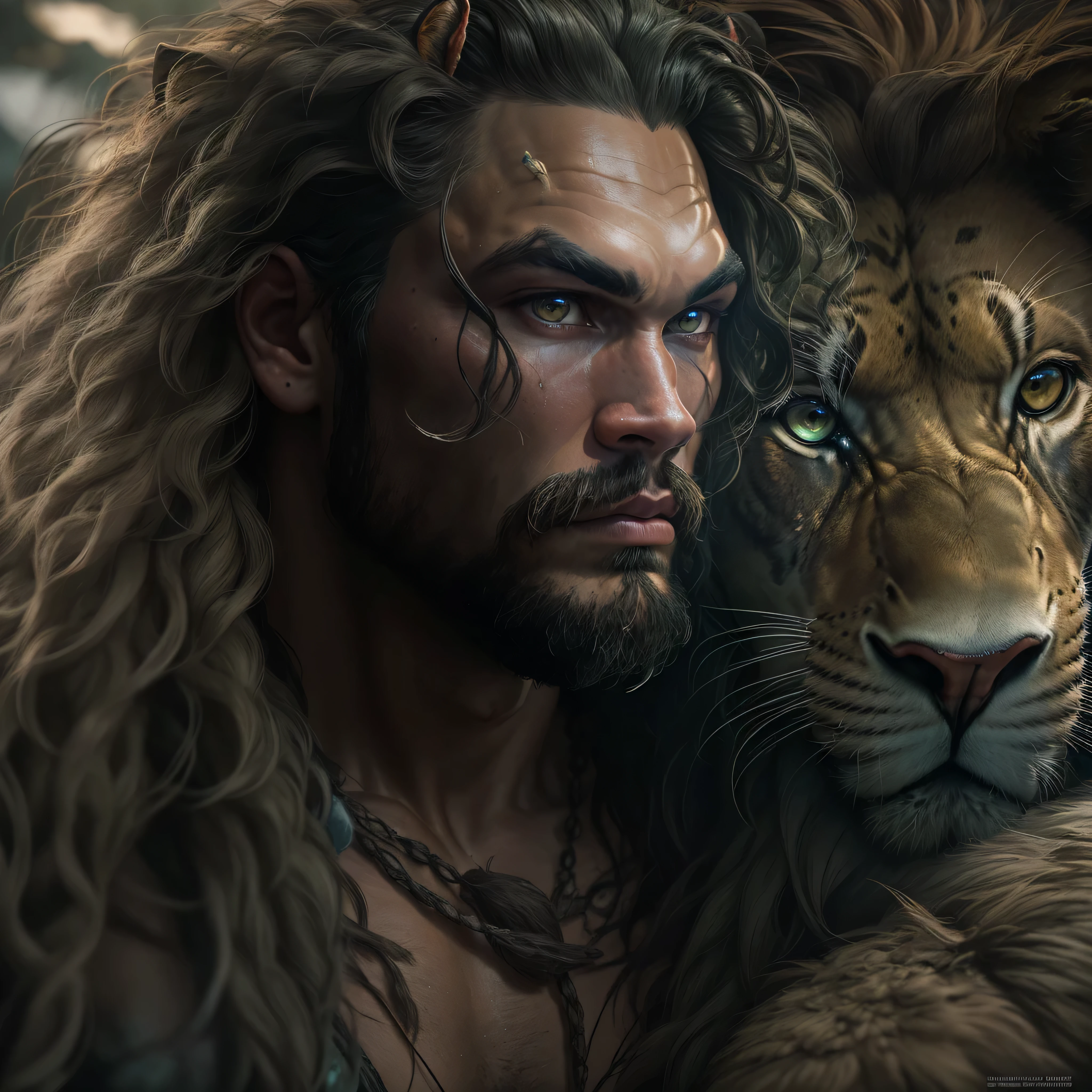 a photo of Jason Momoa as Tarzan lord of the jungle from Marvel comics, clean shaven, with Lion, Intricate, High Detail, Sharp focus, dramatic, photorealistic digital art, photo-realistic, octane render, unreal engine, ultra-realistic
