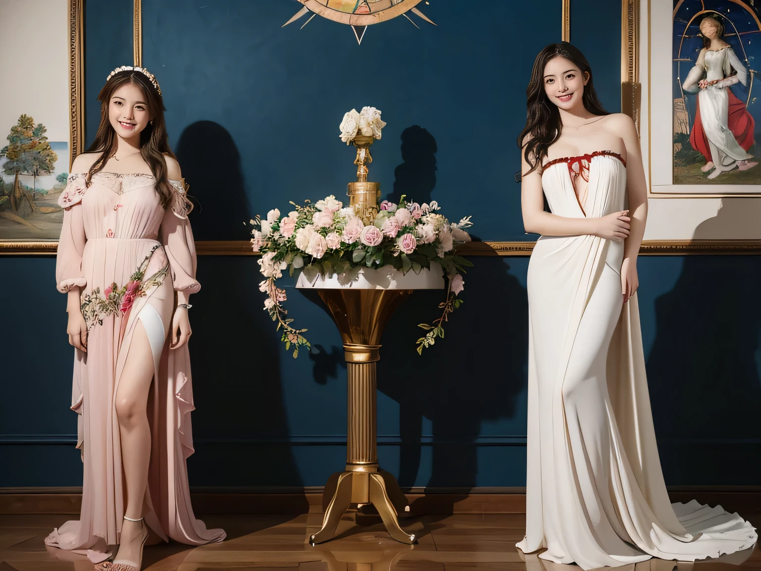 full body portrait or statue、Stained glass、Vigée Leblanc style、math、astronomical machine、astronaut、roses in vase、fruit、Cute trinkets、smile、ancient greek costume、Sandro Botticelli paintings、Costume that stretches your shoulders、A big smile、expression of ecstasy、sexy、beautiful bare skin、Detailed representation of the seducing woman throughout the body