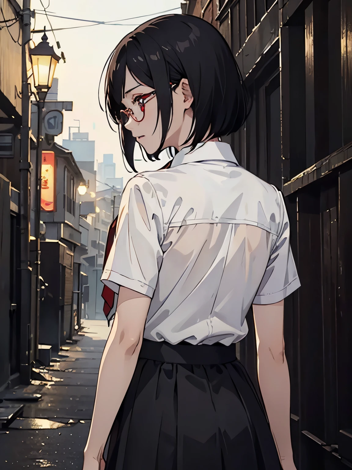 { masterpiece: best quality } { horror theme } { background = back alley : night : dark } { Character = Dahyun : fit body : short dark bob hair with smart bangs : wearing glasses : white collar shirt : red tie : black skirt } { assaulted : harrased : scared : tears : sweats }