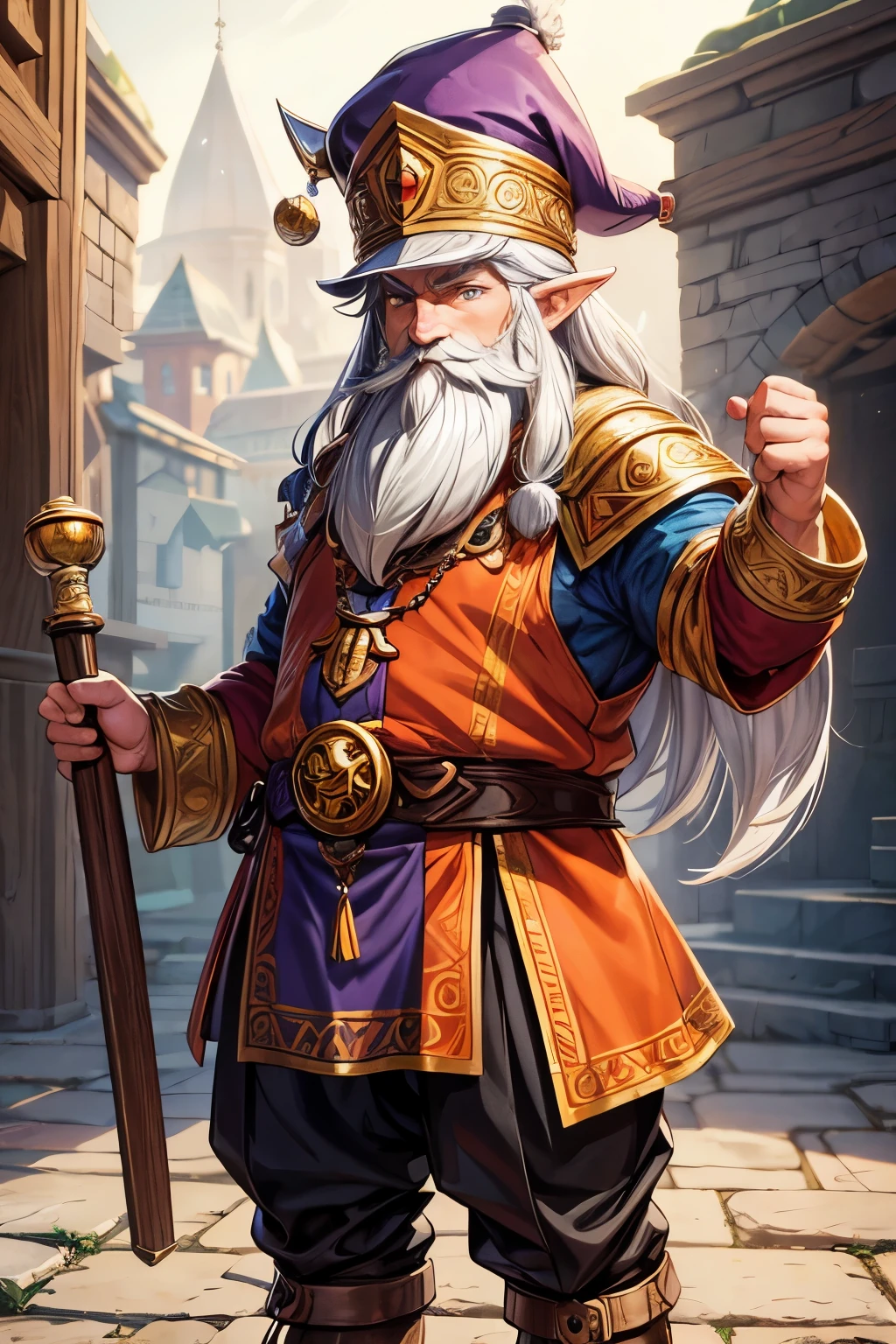 dwarf scholar man with silver hair and beard and amber eyes in well made clothes and a feathered hat