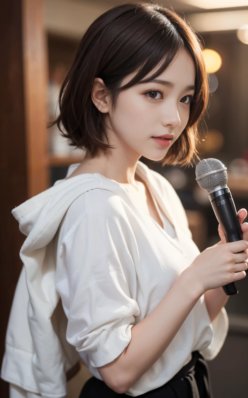 cute 21 year old japanese、karaokeボックス、karaoke、Microphone in hand、super detail face、pay attention to details、double eyelid、beautiful thin nose、sharp focus:1.2、Beautiful woman:1.4、(light brown hair,short hair、),pure white skin、highest quality、masterpiece、ultra high resolution、(Photoreal:1.4)、Highly detailed and professional lighting、nice smile、show your whole body、cute fall clothes、