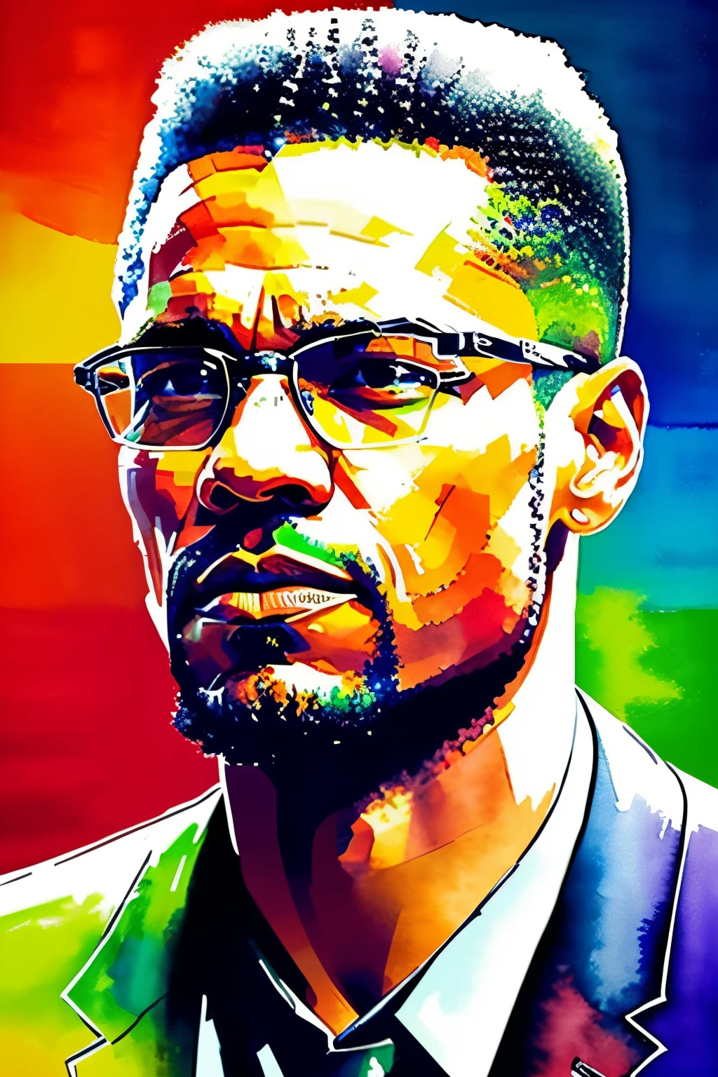 A captivating watercolor painting of Malcolm X with a distinct, vibrant stamp image, Walter Foster inspired, bold and expressive, Watercolor splash art, high definition 8K.

This stunning piece of art showcases the powerful and iconic figure of Malcolm X, with his distinct facial features and symbolic stamp image integrated seamlessly into the watercolor texture. The bold and expressive watercolor technique, reminiscent of the Walter Foster method, exudes a sense of emotion and depth, making this painting a captivating masterpiece. The high-definition resolution of 8K enhances every detail and color in the art, making it an outstanding addition to any collection or gallery.