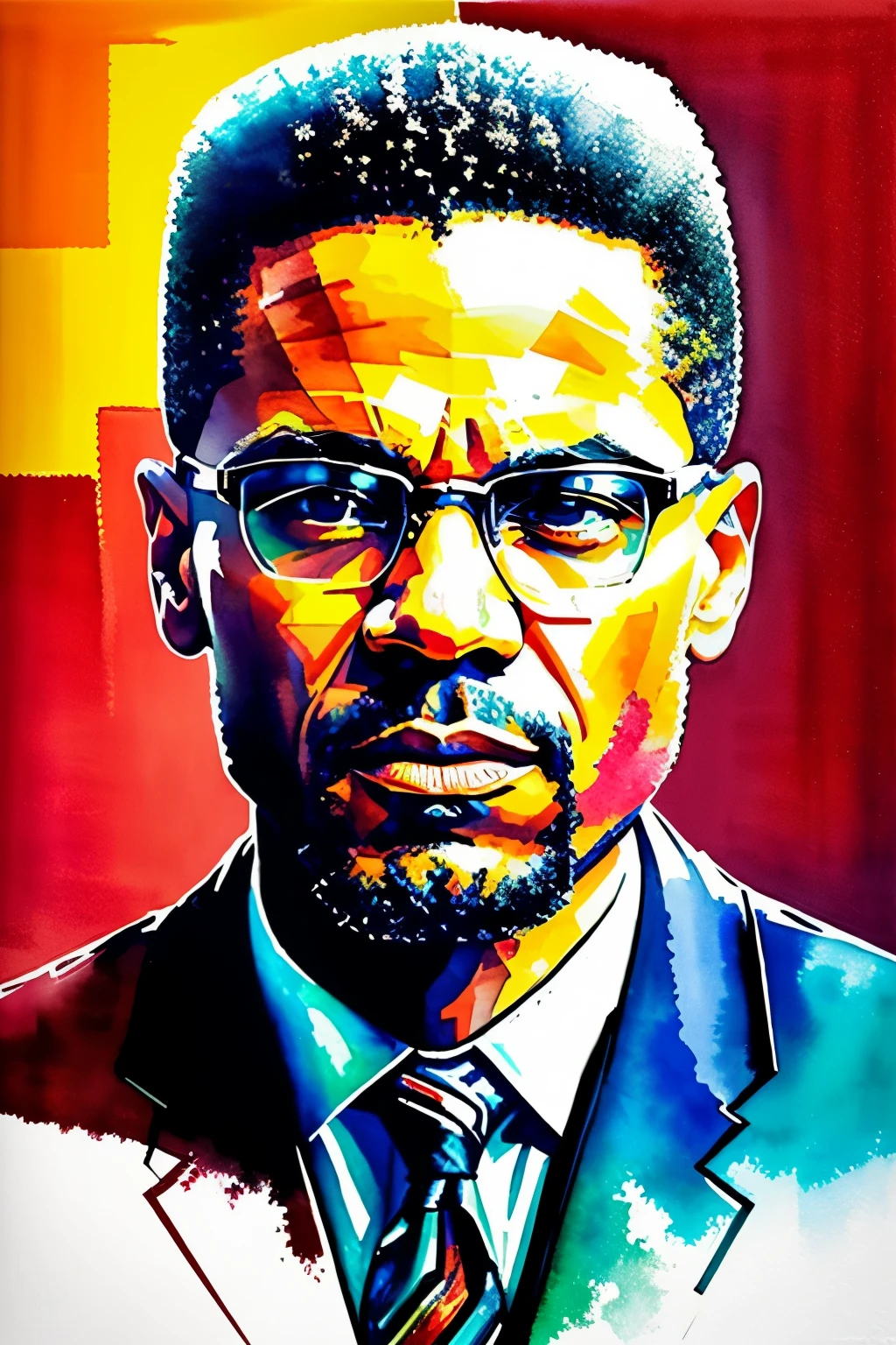 A captivating watercolor painting of Malcolm X with a distinct, vibrant stamp image, Walter Foster inspired, bold and expressive, Watercolor splash art, high definition 8K.

This stunning piece of art showcases the powerful and iconic figure of Malcolm X, with his distinct facial features and symbolic stamp image integrated seamlessly into the watercolor texture. The bold and expressive watercolor technique, reminiscent of the Walter Foster method, exudes a sense of emotion and depth, making this painting a captivating masterpiece. The high-definition resolution of 8K enhances every detail and color in the art, making it an outstanding addition to any collection or gallery.