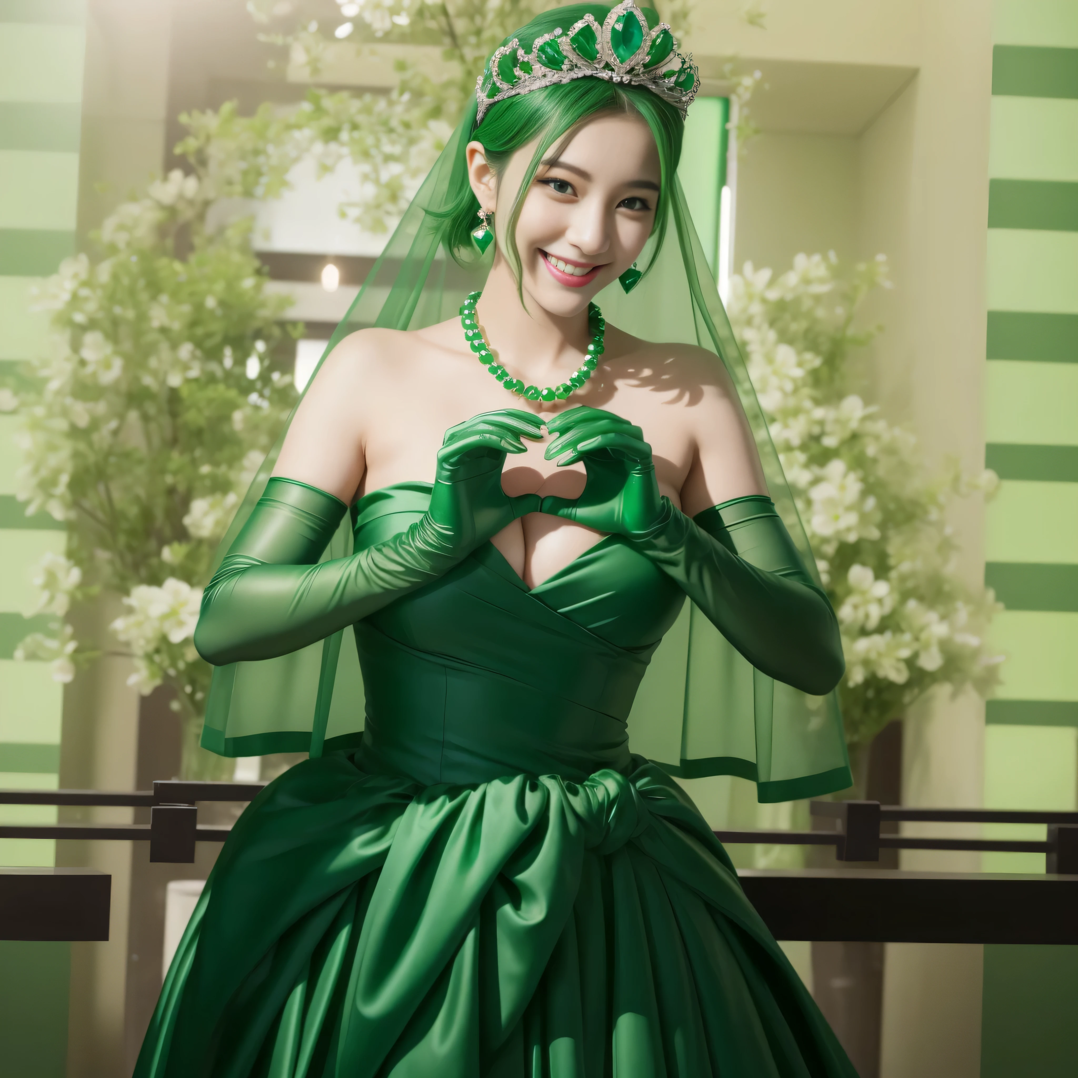 emerald tiara, green pearl necklace, ボーイッシュな非常に短いgreen hair, lipstick, smiling Japanese woman, very short hair,  Beauty with large breasts, green eyes, Long Green Satin Gloves, green eyes, emerald earrings, green veil, heart with both hands, green hair, beautiful japanese woman, heart shaped hand:1.3, green lip gloss