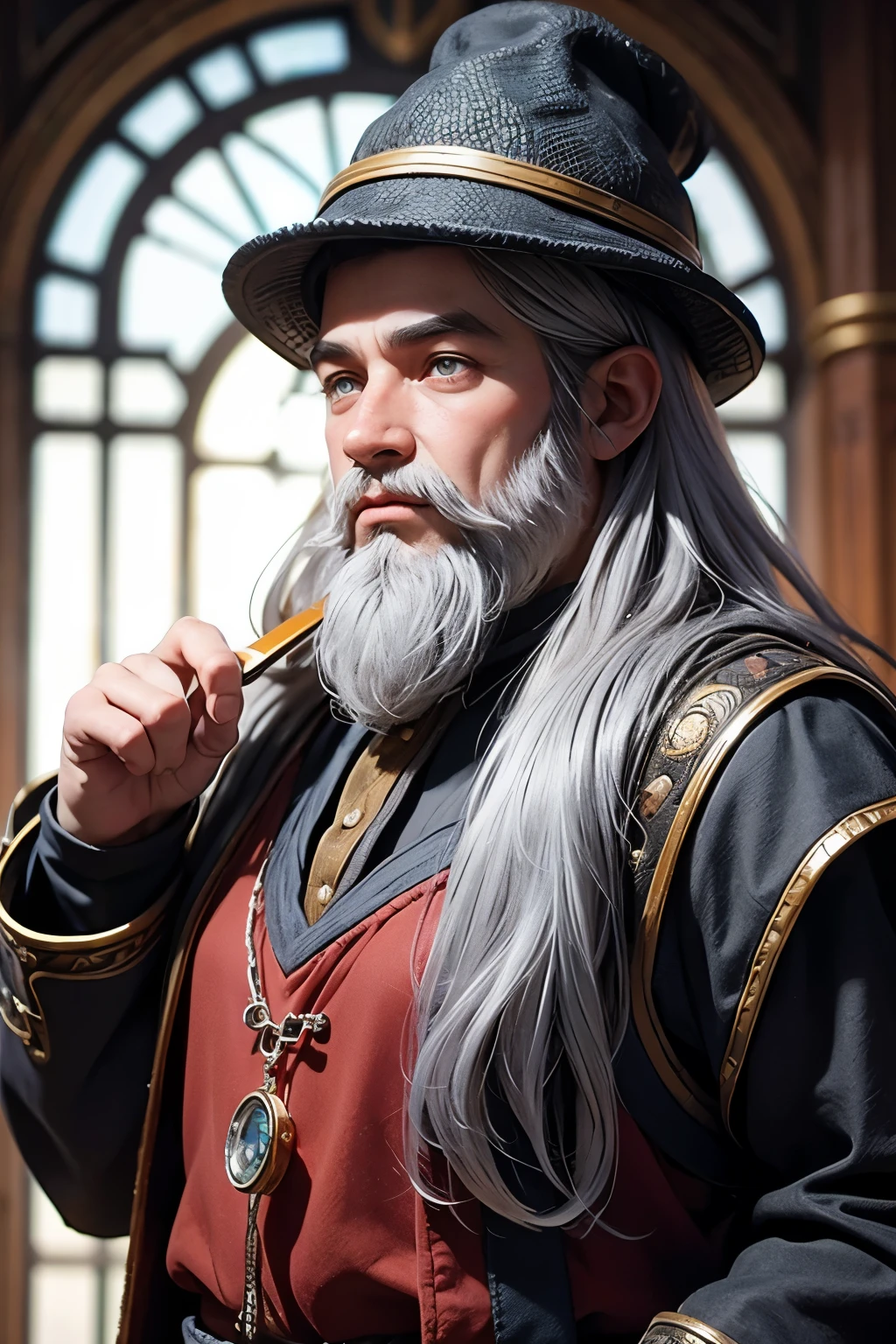 dwarf scholar man with silver hair and beard and amber eyes in well made clothes and a feathered hat