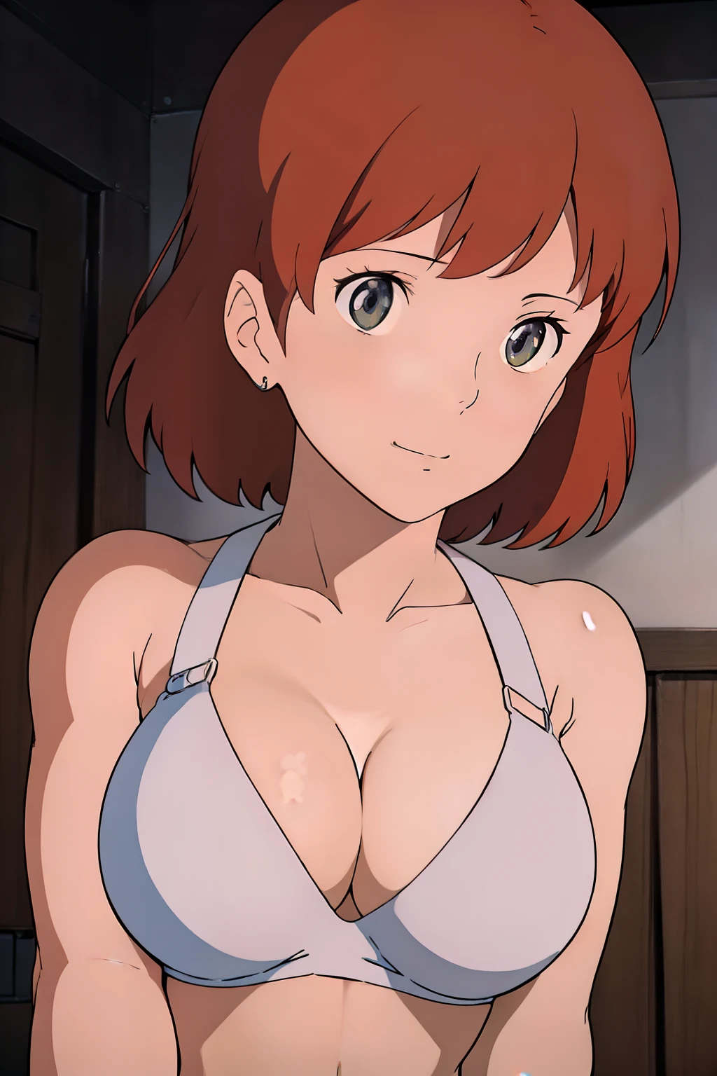 (masterpiece, best quality, high resolution, anime screencap, anime colored, 8k, photorealistic), Nausicaa, solo, brown hair, (looking at viewer), huge breasts, cleavage, (white bikini), upper body, forest, (perfect detailed anatomy, beautiful face&eyes, shiny skin, perfect body)