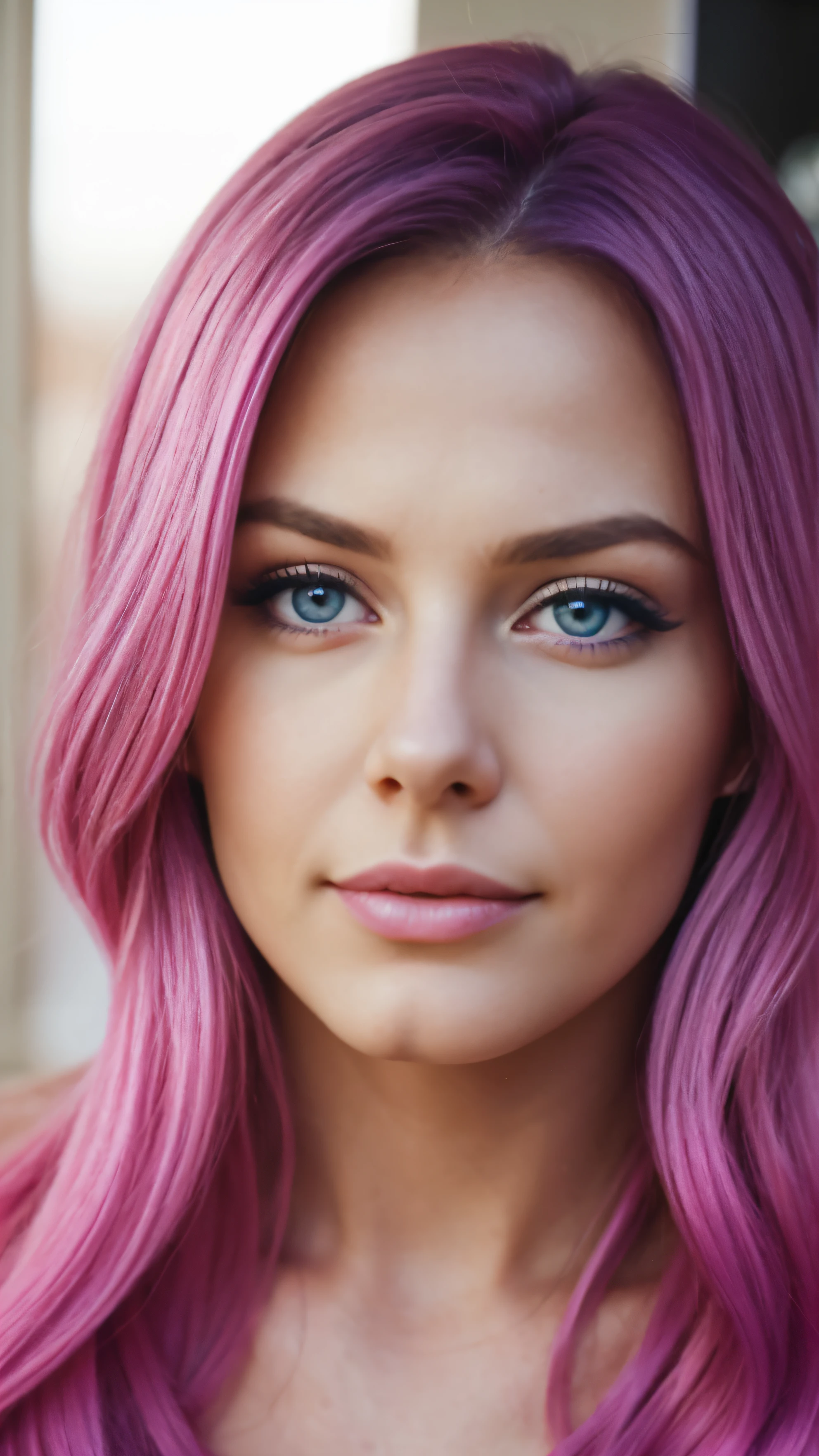 Realistic, Sexy girl with blue eyes, Gorgeous European woman, 24 years old, (long hot pink hair) selfie, portrait photography
