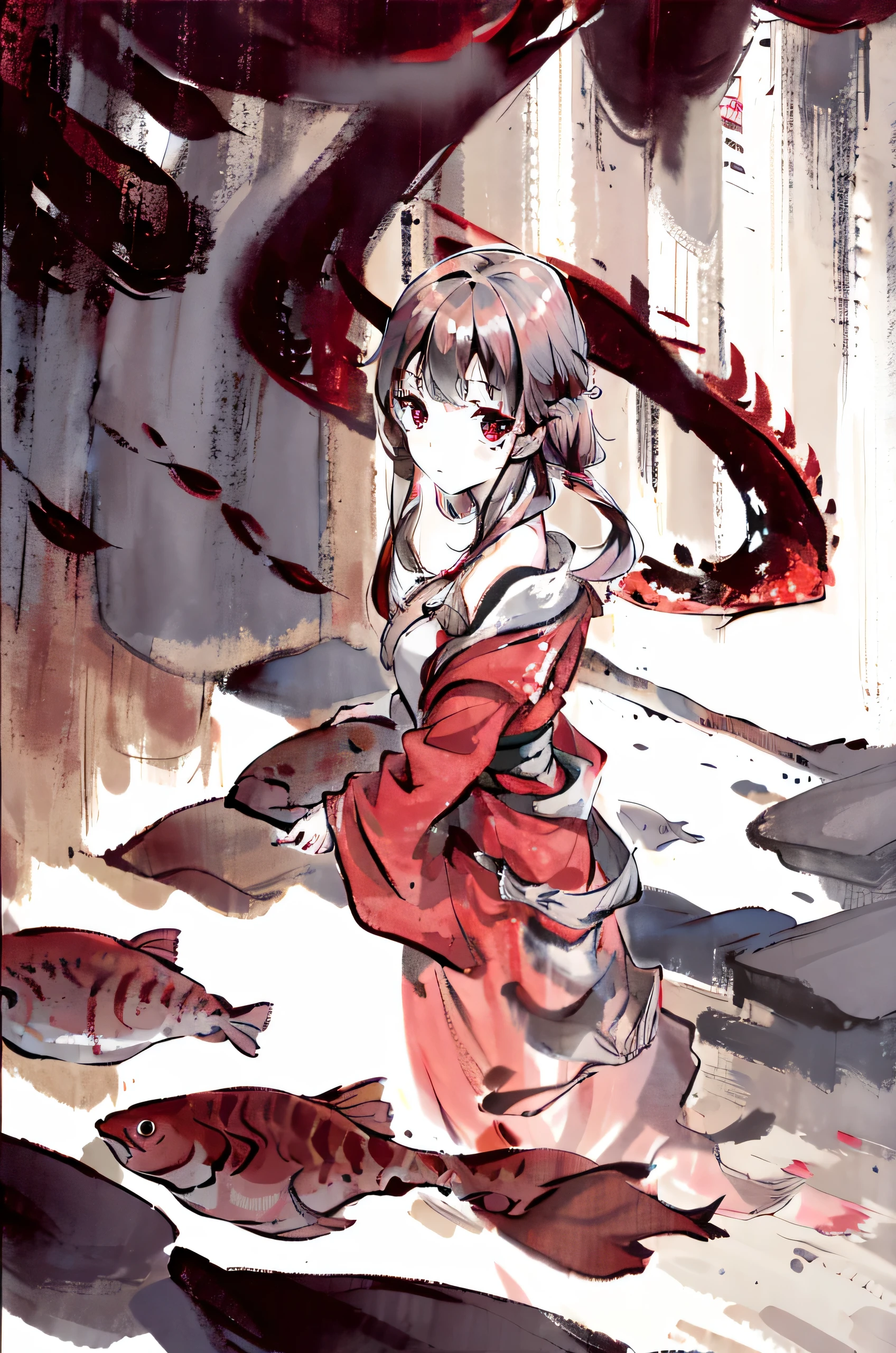 Girl wearing a red dress in the river with fish