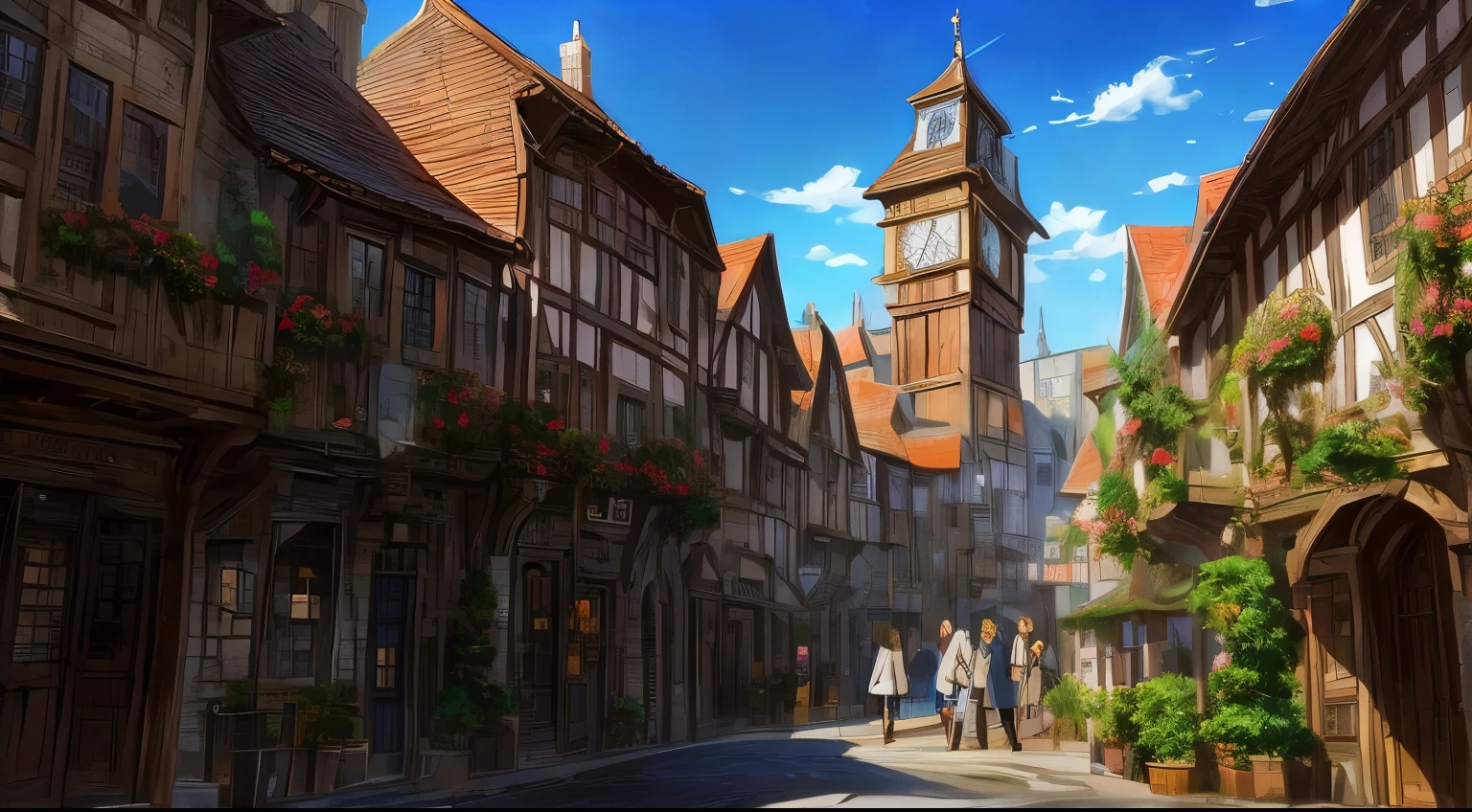 Anime style urban landscape with courtyard and clock tower, town background, renaissance port city background, medeival fantasy town, Background of the town center, tavern background, fantasy town setting, Medieval cities background, medieval town, a bustling magical town, anime landscape concept art, medieval town landscape, background art, background city, Medieval cities, cityscape、crowd