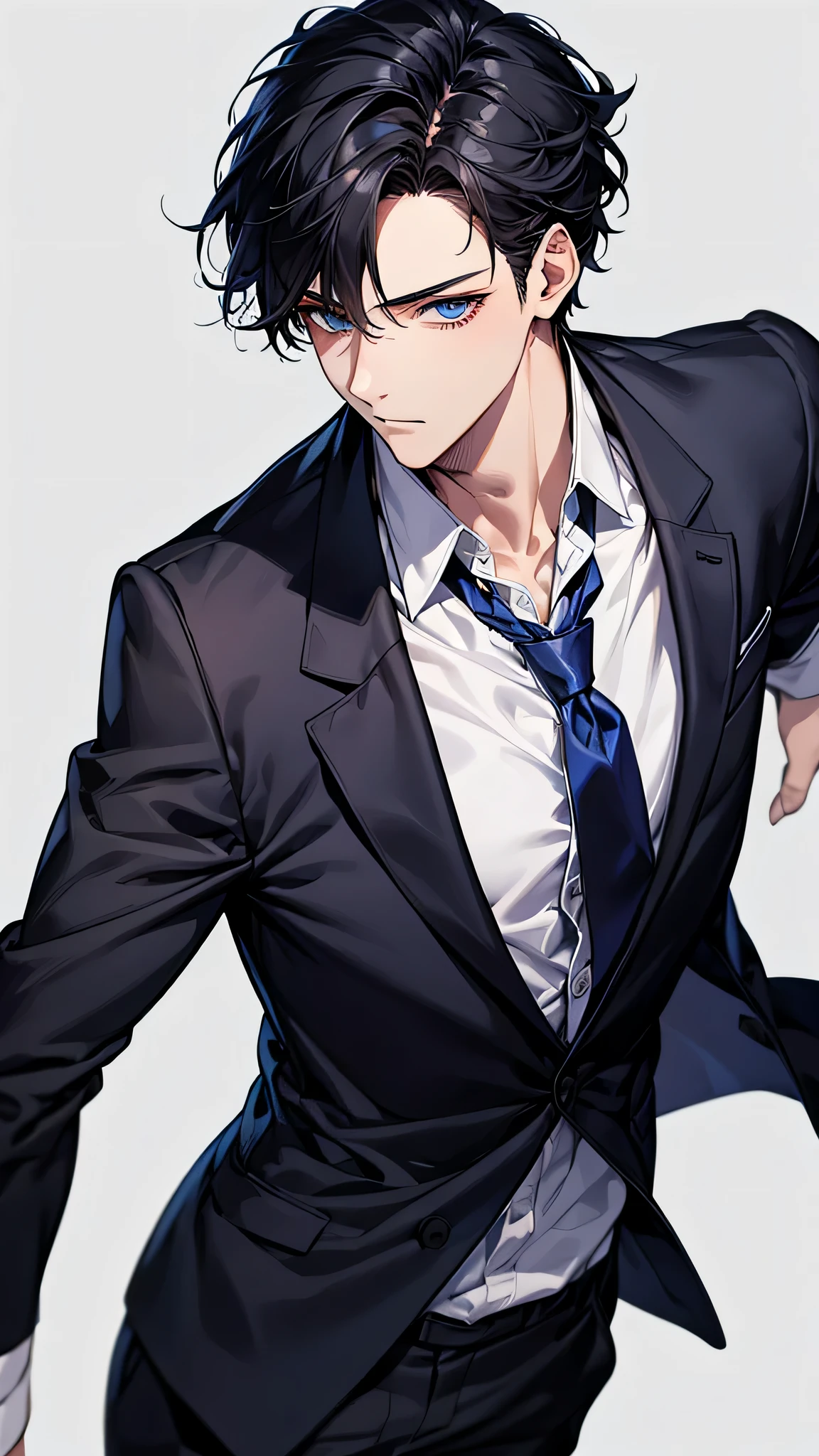 1 person, face focus, [[[adult]]], suit, Jacket, white shirt, tie, pants, frontage, highest quality, adopt, detailed face, simple background、white background、[[[black hair]]]、[[[blue eyes]]]、confident look、Upper body