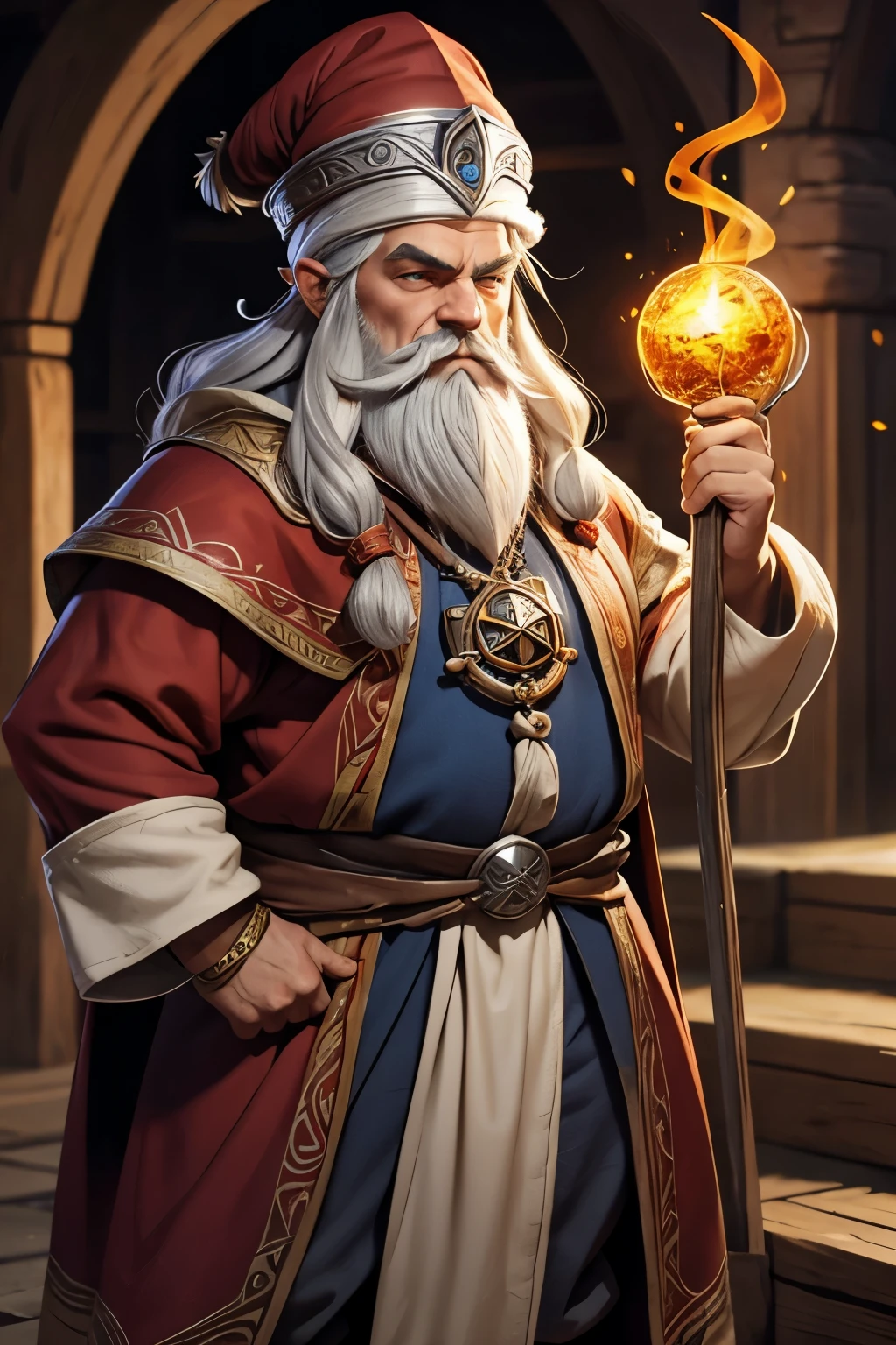 dwarf scholar man with silver hair and beard and amber eyes in well made clothes and a feathered hat