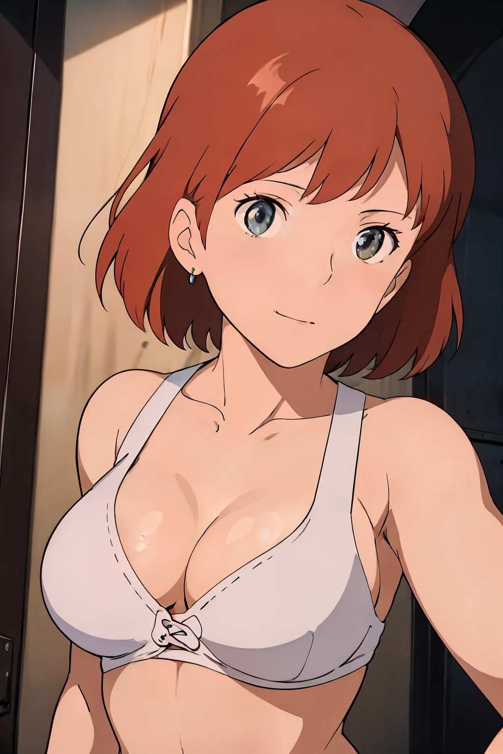 (masterpiece, best quality, high resolution, anime screencap, anime colored, 8k, photorealistic), Nausicaa, solo, brown hair, (looking at viewer), huge breasts, cleavage, (white bikini), upper body, forest, (perfect detailed anatomy, beautiful face&eyes, shiny skin, perfect body)