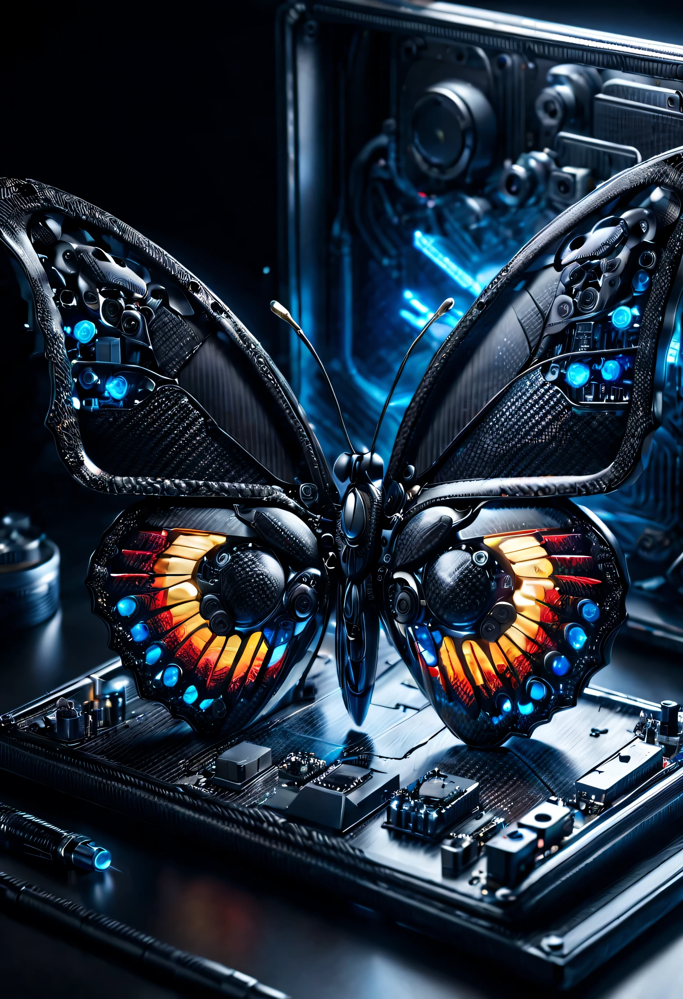Butterfly made of electronic components,Inside the chassis,eat ingredients,With flash and LED light。,ultra high definition,lifelike,bright colors,Very detailed,ultra high definition绘图,Ink,perfect composition,Beautiful and detailed on artstation、complex、Crazy Detailed Octane Rendering Trend、8K art photography、realistic concept art、Soft natural volume perfect light、Made of ral-carbon fiber ral-carbon fiber landscape