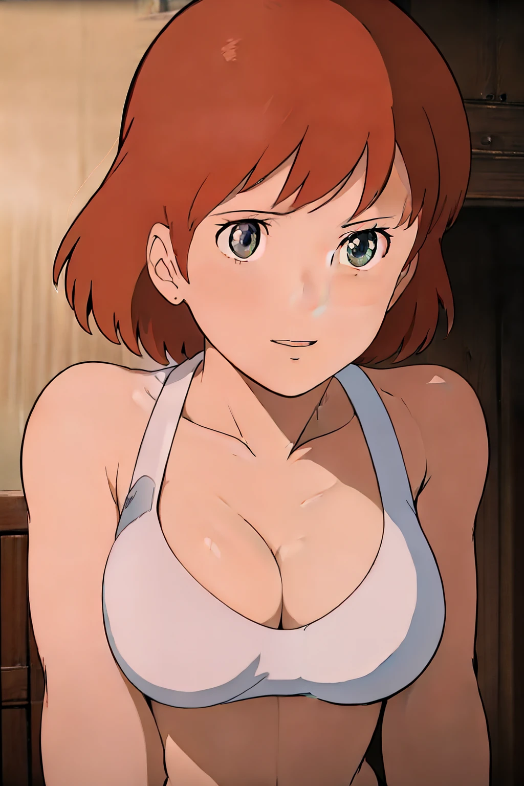 (masterpiece, best quality, high resolution, anime screencap, anime colored, 8k, photorealistic), Nausicaa, solo, brown hair, (looking at viewer), huge breasts, cleavage, (white bikini), upper body, forest, (perfect detailed anatomy, beautiful face&eyes, shiny skin, perfect body)