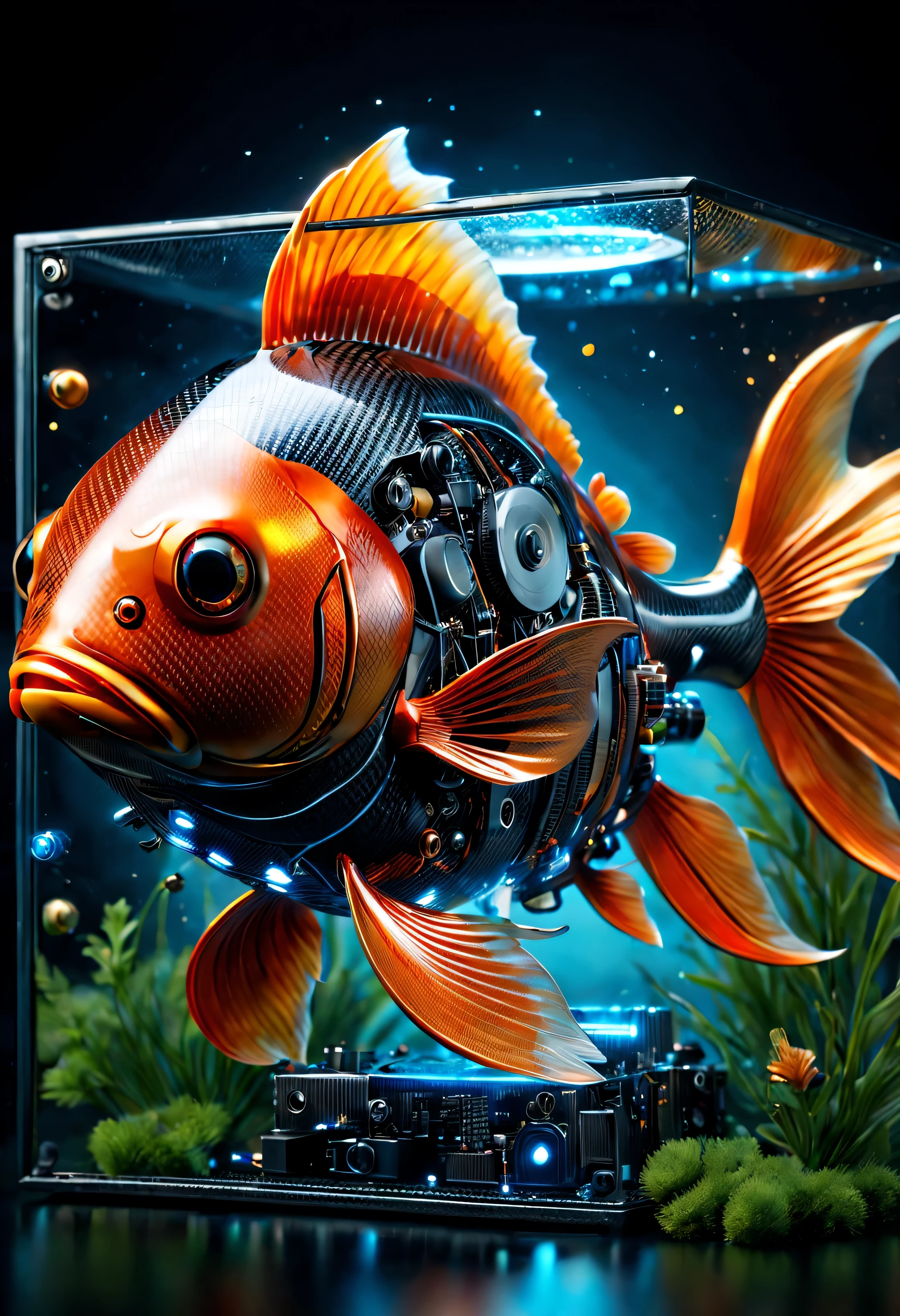 Goldfish made of electronic components，Inside the chassis，eat ingredients，With flash and LED light。，ultra high definition，lifelike，bright colors，Very detailed，ultra high definition绘图，Ink，perfect composition，Beautiful and detailed on artstation、complex、Crazy Detailed Octane Rendering Trend、8K art photography、realistic concept art、Soft natural volume perfect light、Made of ral-carbon fiber ral-carbon fiber landscape