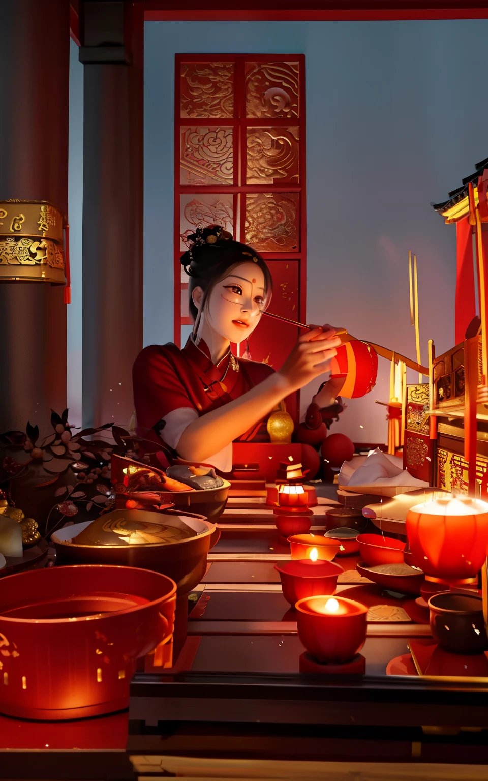 there is a woman sitting at a table with a candle, with a chinese temple, an altar of a temple, inside her temple, vietnamese temple scene, in a temple, taoist temples and monks, chinese temple, traditional chinese, sacrificial altar, festival, taken in 2 0 2 0, shrine, competition winning, feast, by Aya Goda, taoist priest