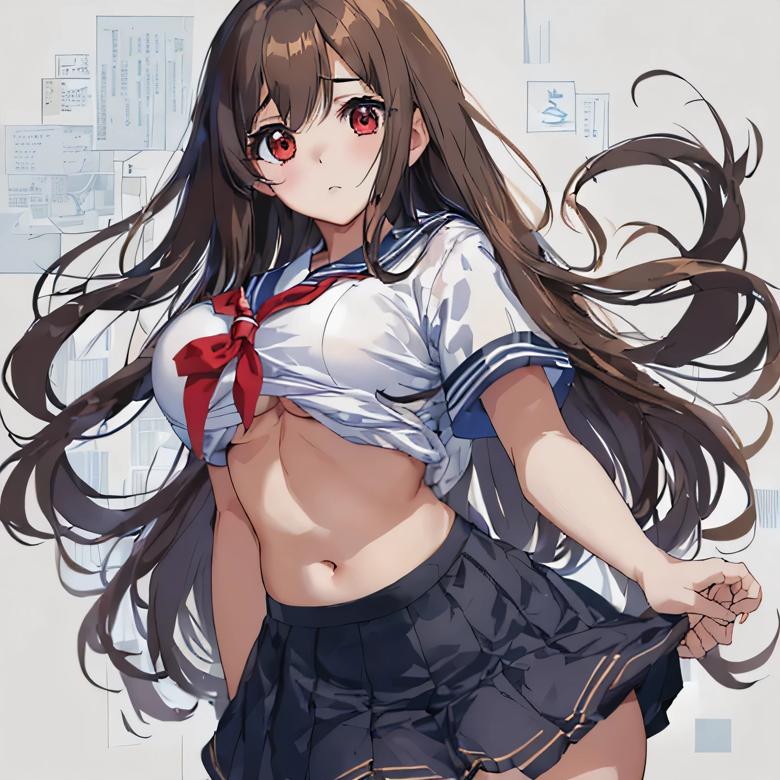Are standing,whole body,after that,masterpiece, highest quality,figure,sailor suit,slanted eyes,straight hair,brown hair,side parted,super dense skin,surprised,beautiful and fine eyes,short sleeve shirt,red eyes,(big breasts:1.2), (A raised and well-defined bust:1.2), (Lifted chest:1.2), (perky chest :1.2),high school girl