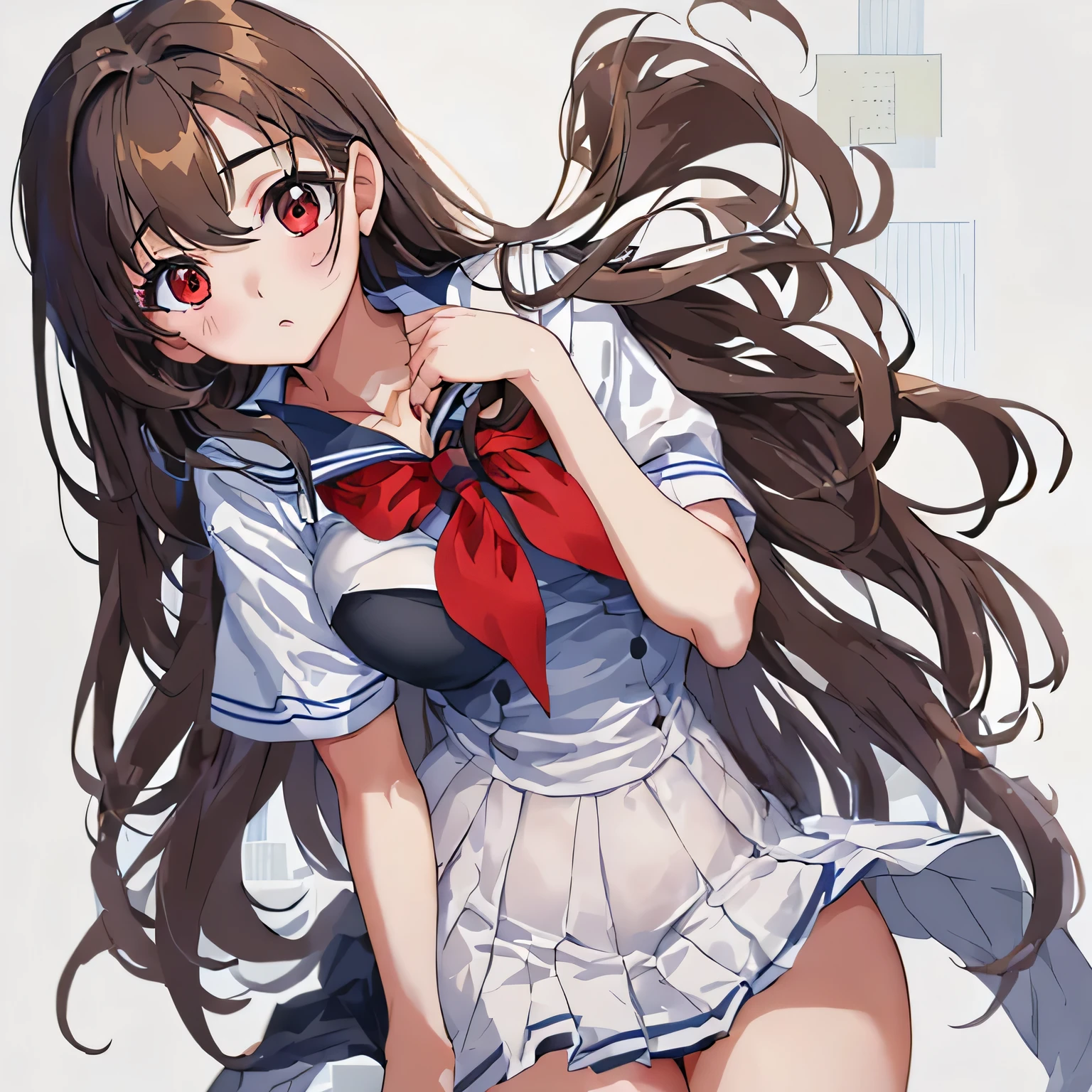 Are standing,whole body,after that,masterpiece, highest quality,figure,sailor suit,slanted eyes,straight hair,brown hair,side parted,super dense skin,surprised,beautiful and fine eyes,short sleeve shirt,red eyes,(big breasts:1.2), (A raised and well-defined bust:1.2), (Lifted chest:1.2), (perky chest :1.2),high school girl