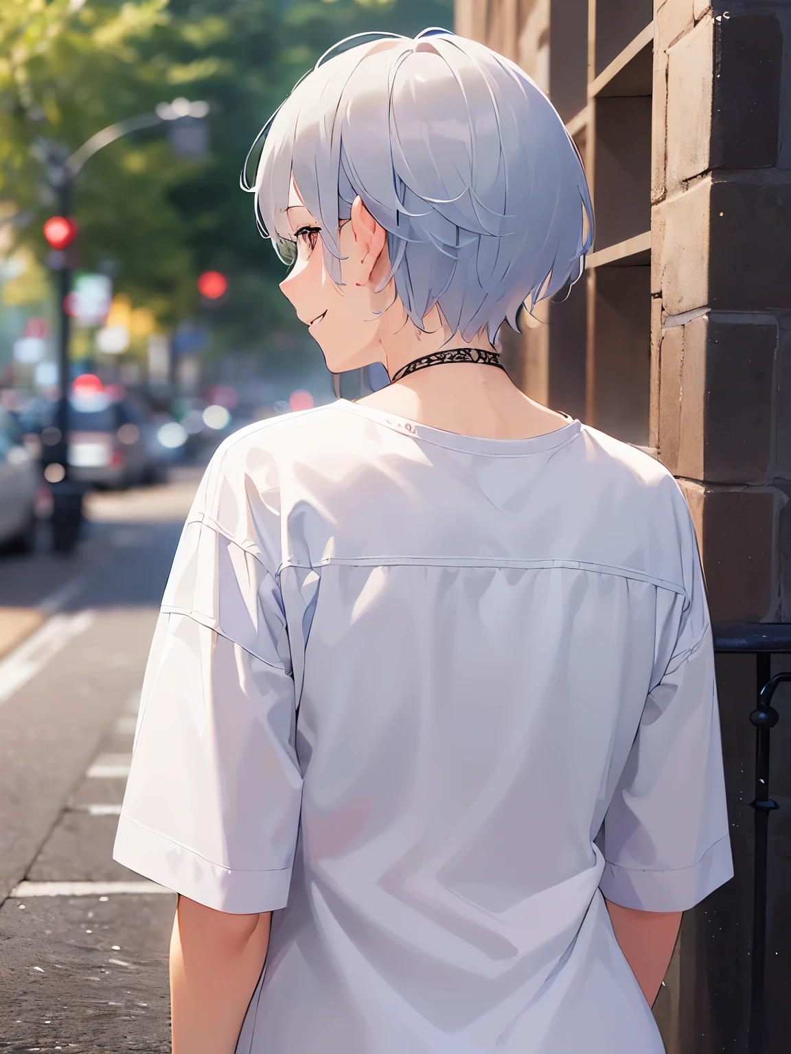 (from behind:1.2), masterpiece、high quality、(looking away:1.5), (25 year old man with short silver hair:1.5)、wearing a white T-shirt、(Alone:1.5)、(Only the upper body is shown.:1.3)、(evil smile:1.5), Background outside