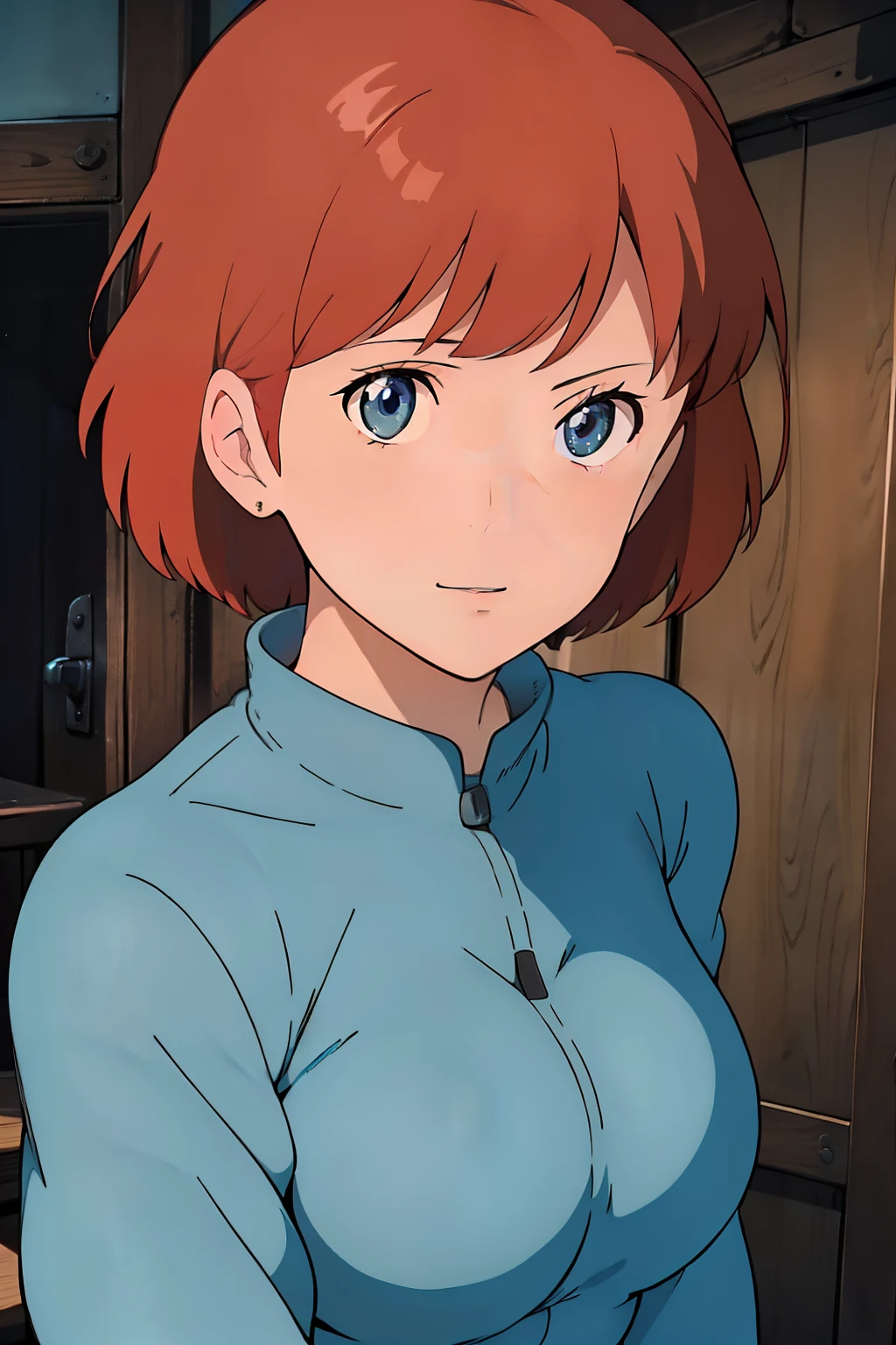 (masterpiece, best quality, high resolution, anime screencap, anime colored, 8k, photorealistic), Nausicaa, solo, brown hair, looking at viewer, huge breasts, cleavage, (blue bikini), upper body, forest, (perfect detailed anatomy, beautiful detailed face&eyes, shiny skin, detailed body)