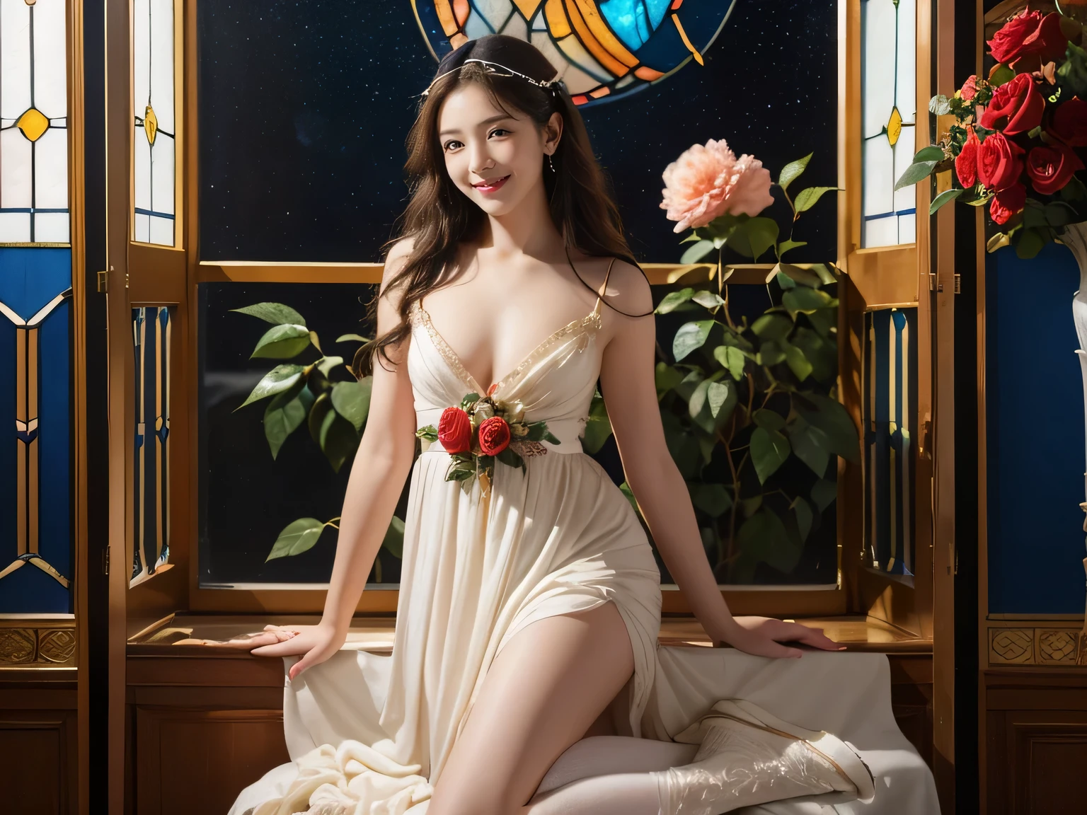 full body portrait or statue、Stained glass、Vigée Leblanc style、math、astronomical machine、astronaut、roses in vase、fruit、Cute trinkets、smile、ancient greek costume、Sandro Botticelli paintings、Costume that stretches your shoulders、A big smile、expression of ecstasy、sexy、beautiful bare skin、Detailed representation of the seducing woman throughout the body