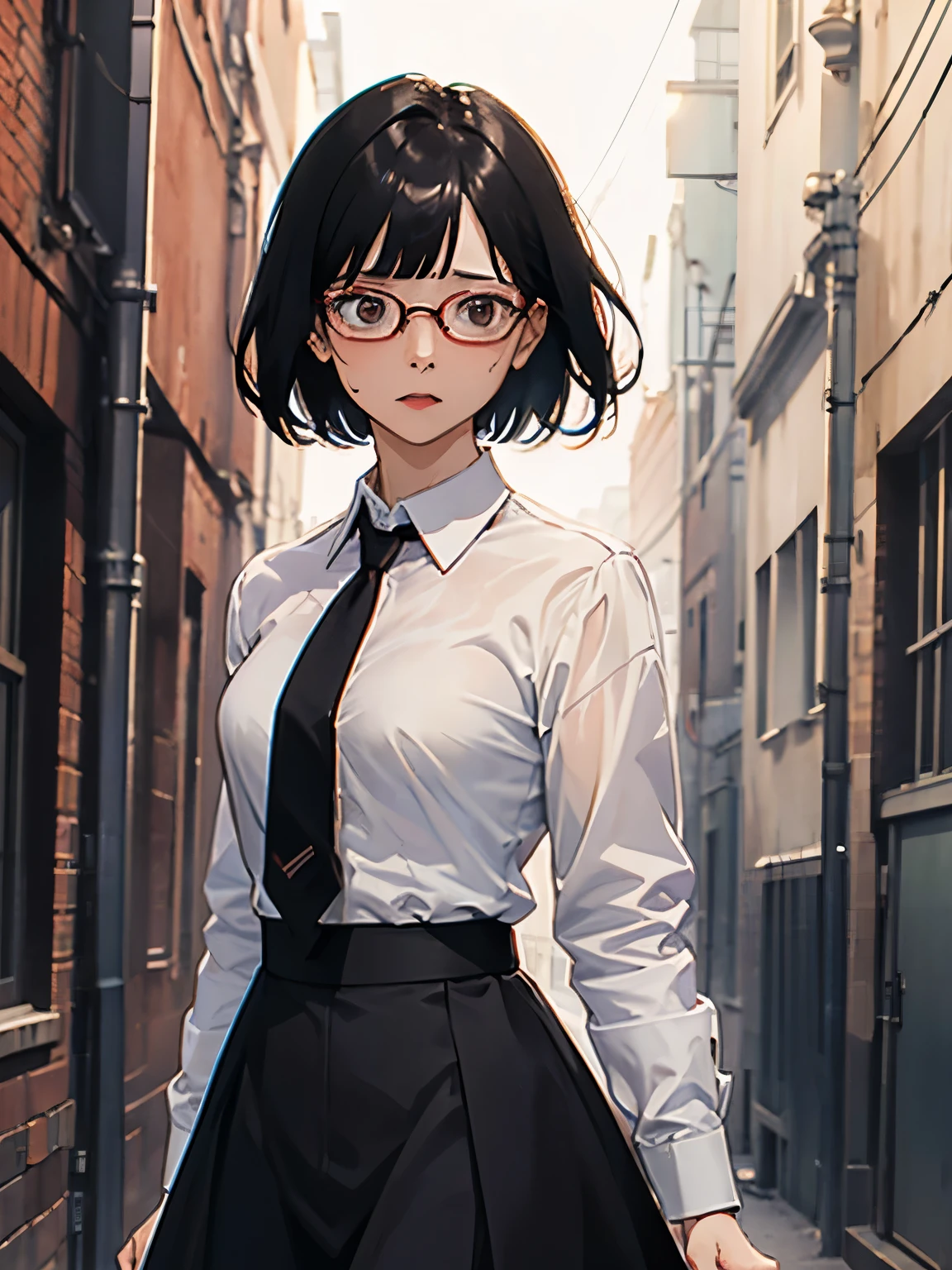 { masterpiece: best quality } { horror theme } { background = back alley : night : dark } { Character = Dahyun : fit body : short dark bob hair with smart bangs : wearing glasses : white collar shirt : red tie : black skirt : terrified : assaulted : harrased : scared : tears : sweats : looking at viewer }