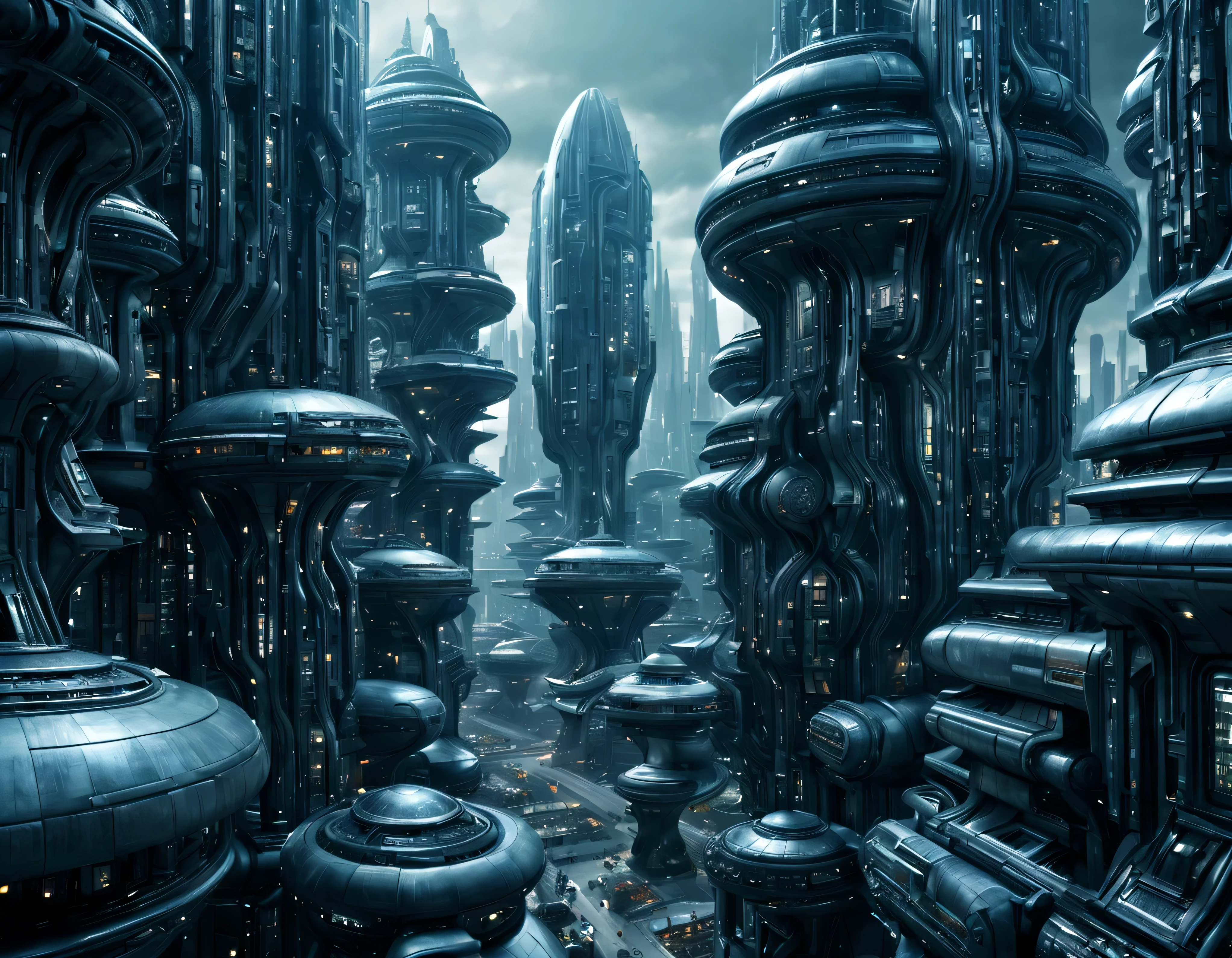 street of an extraterrestrial alien city with futuristic and technological architecture in its metal and glass conglomerado de buildings, some aliens walking around, ventanas iluminadas, all full of imagination, science fiction and (intrincados detalles de la maquina).imagen fotorrealista, Maximum sharpness, calidad 8k.(obra maestra de calidad superior). 3D.