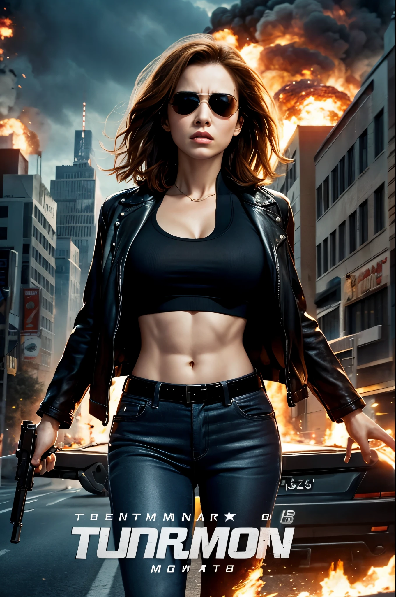 Terminator movie poster woman, explosions, guns, cars, planes