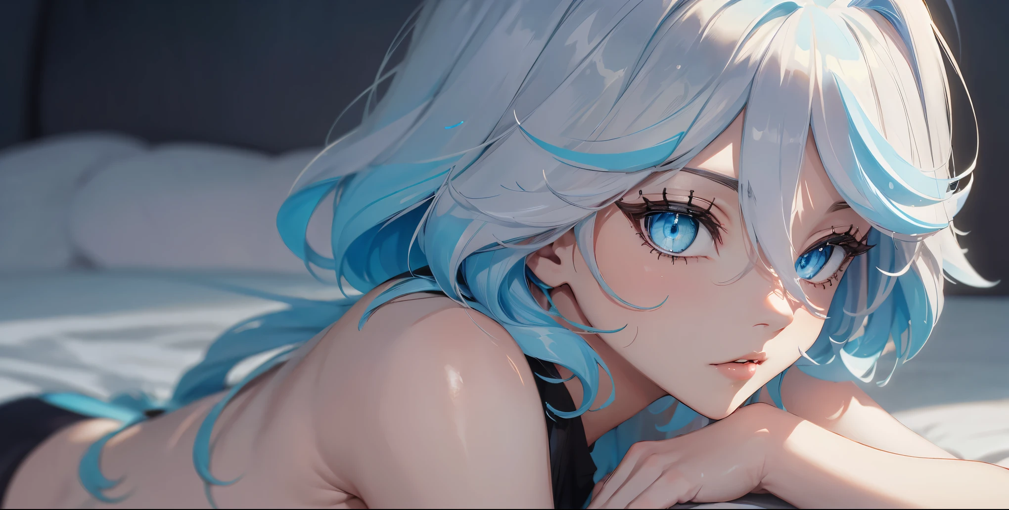 ((top quality, 8k, masterpiece: 1.3, ultra hd, high quality, best quality, high definition, realism)), sharp focus: 1.5, Beautiful girl with thin and skinny body, thin and skinny body, Light blue hair, blue ocean eye color with light Gradation, Erotic ahegao expression, Mouth open, Erotic pose on the chair, Close up view.