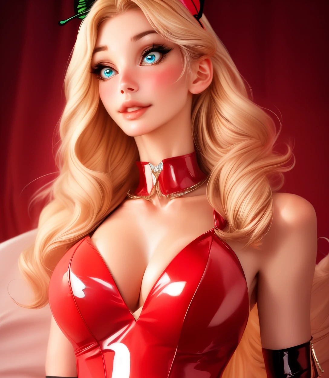 realistic ((( close up portrait))) photo of (((fetchingbutterfly))) wearing a stunning latex dress, focus on shoulders, close up, blushing, collar, long gloves, stunningly beautiful woman, seductive, perfect face, perfect eyes