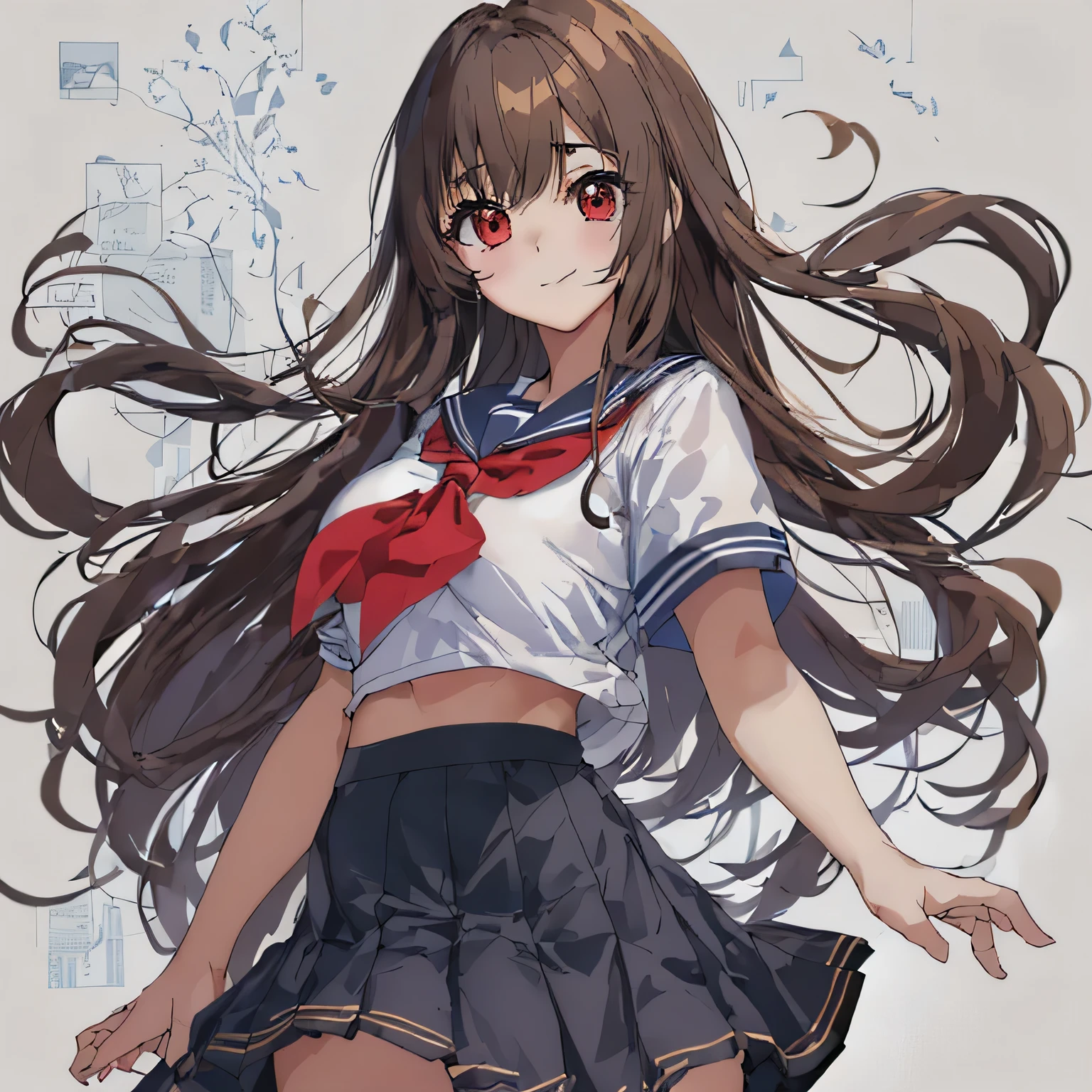 Are standing , whole body , after that,masterpiece, highest quality,shape,sailor suit,slanted eyes,straight hair,brown hair,side parted,super dense skin,surprised,beautiful and detailed eyes,short sleeve shirt,Breaking red eyes,high school girl,smile,pleated skirt,BREAK long skirt