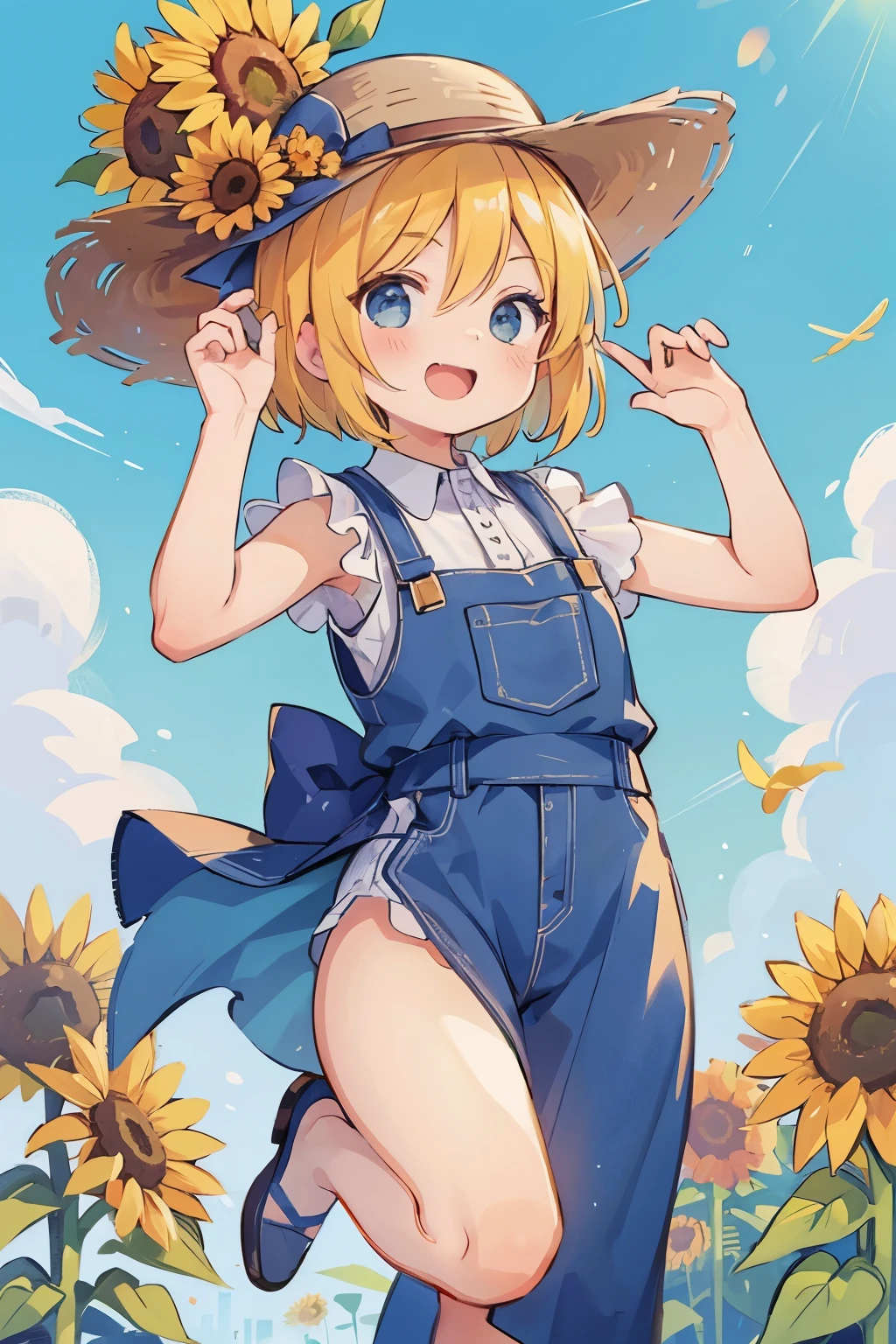 A female artist who expresses sunflowers with her body is、Open mouth and laugh、cute pose、wearing a hat made of sunflowers、The background is solid blue.