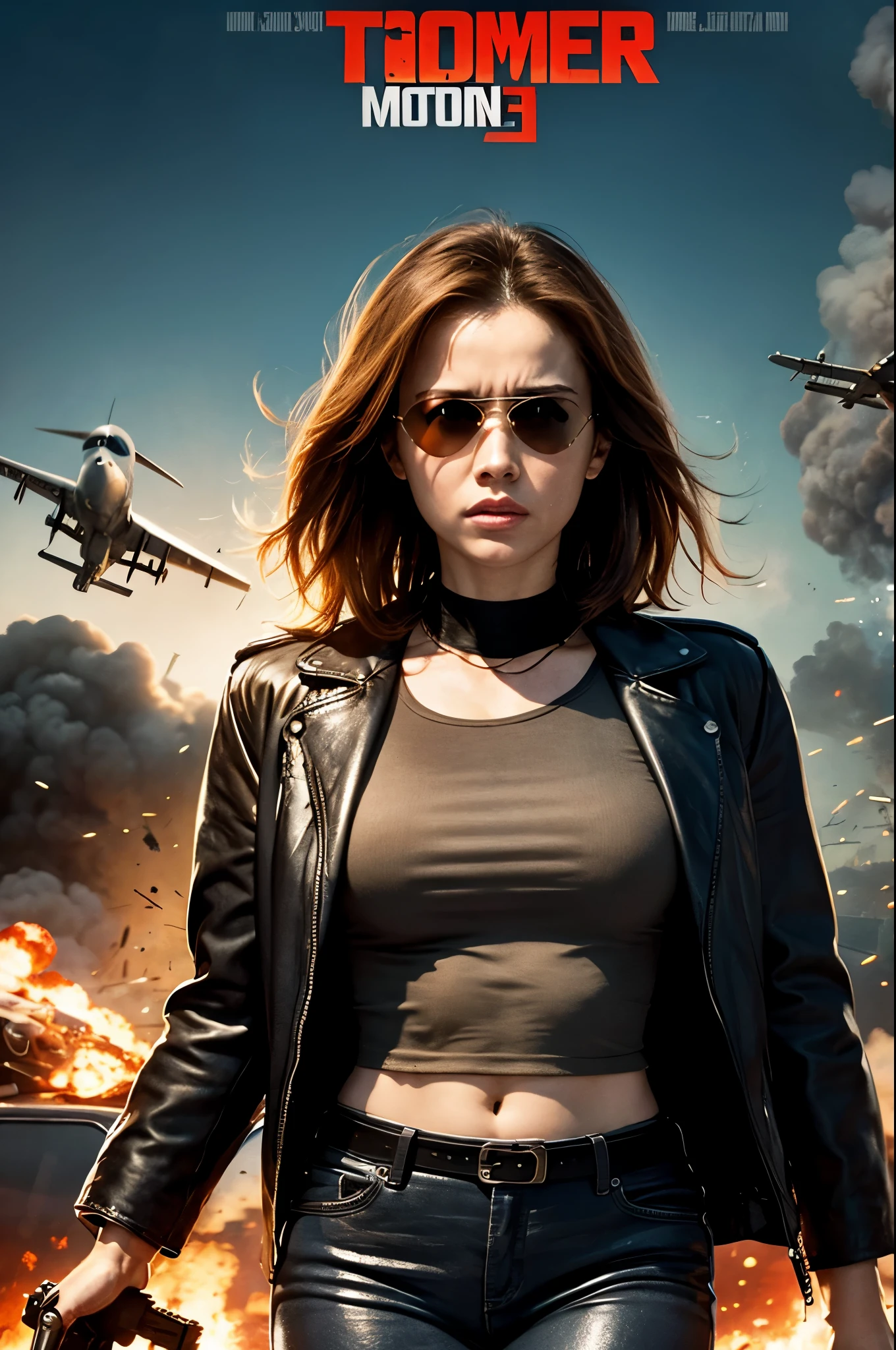 Terminator movie poster woman, explosions, guns, cars, planes